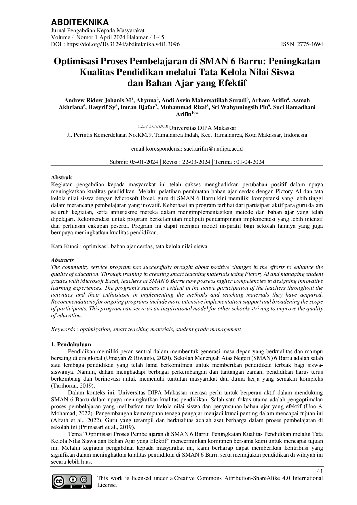 JURIS Optimisasi Proses Pembelajaran di SMAN 6 Barru Peningkatan Kualitas Pendidikan melalui Tata Kelola Nilai Siswa dan Bahan Ajar yang Efektif