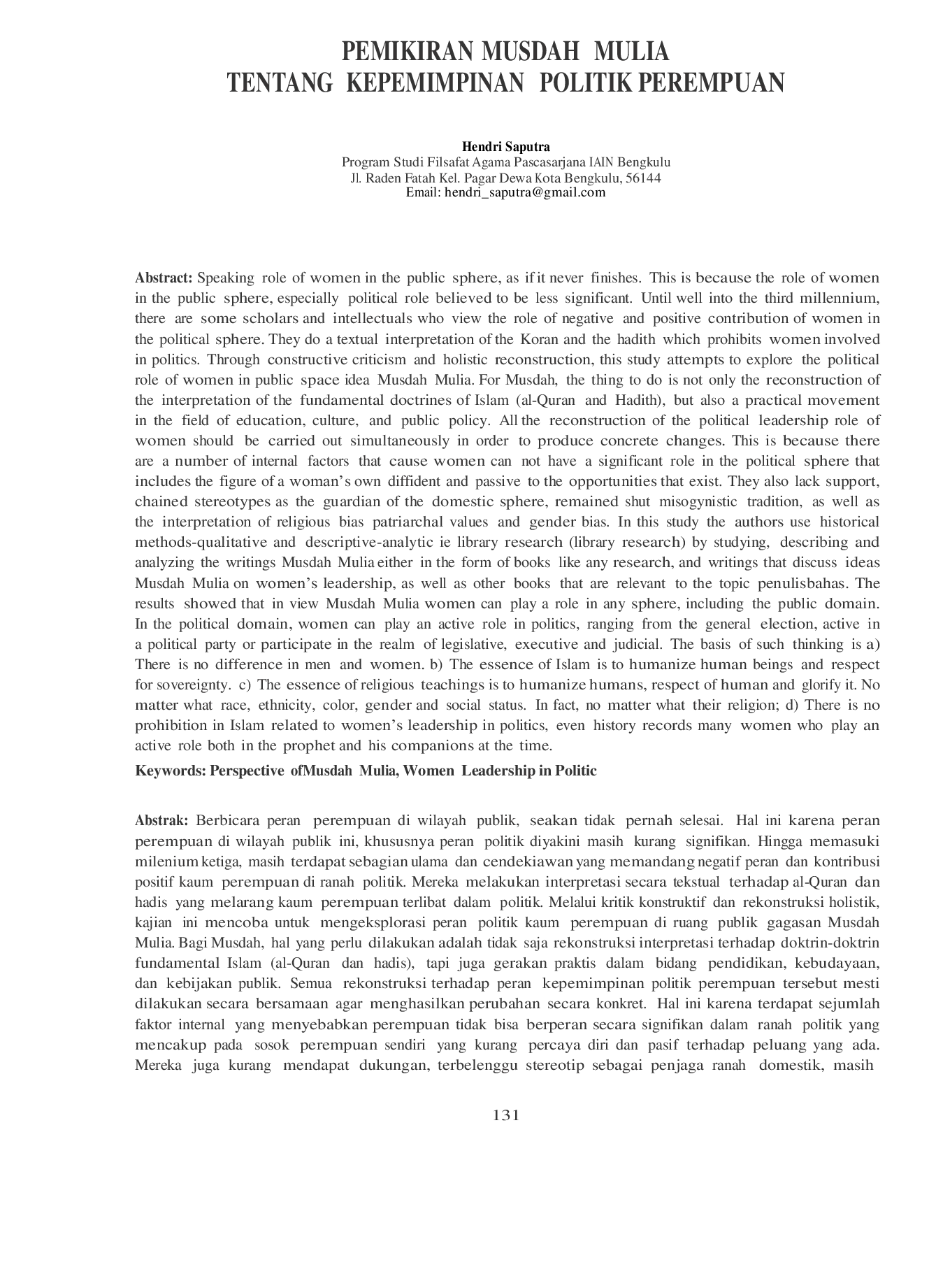 JURIS Pemikiran Musdah Mulia Tentang Kepemimpinan Politik Perempuan