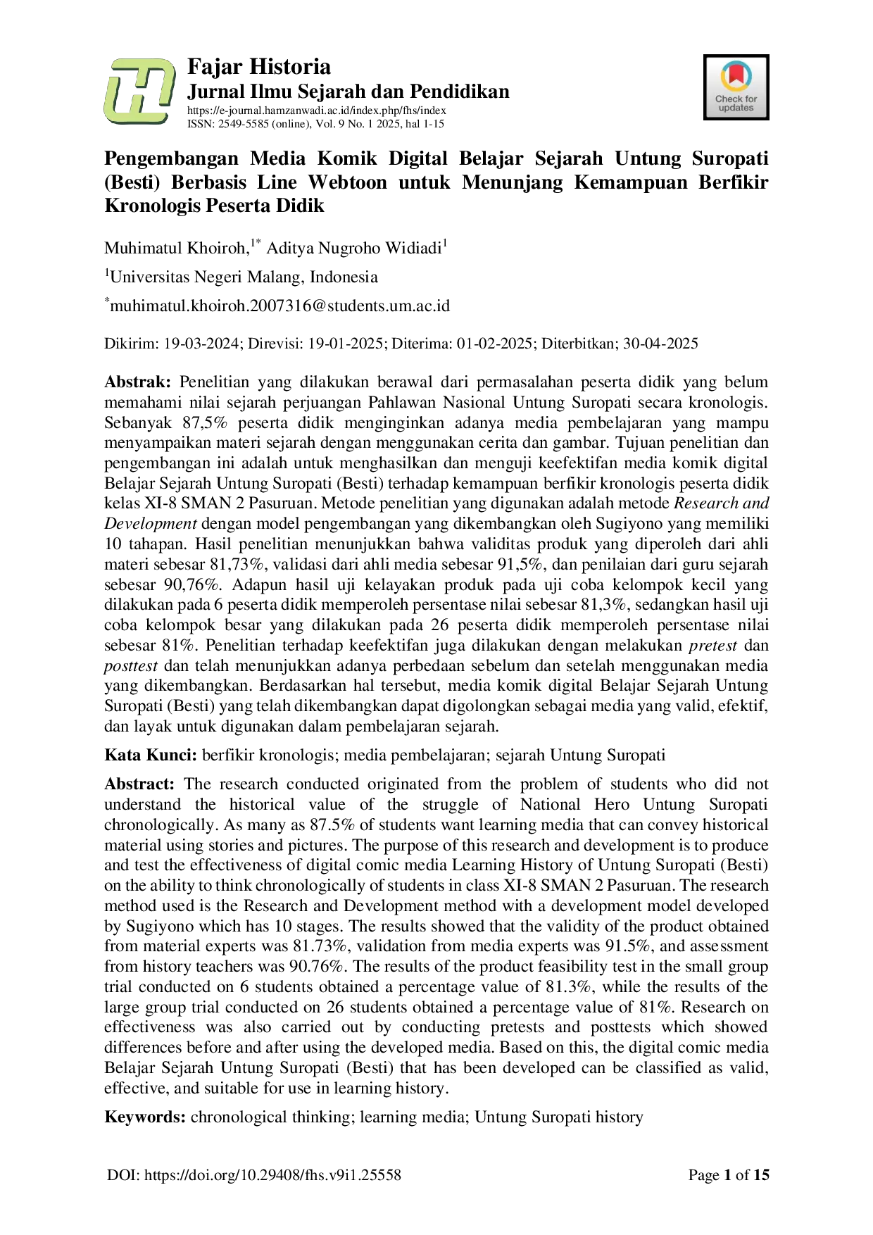 JURIS Pengembangan Media Komik Digital Belajar Sejarah Untung Suropati Besti Berbasis Line Webtoon untuk Menunjang Kemampuan Berfikir Kronologis Peserta Didik