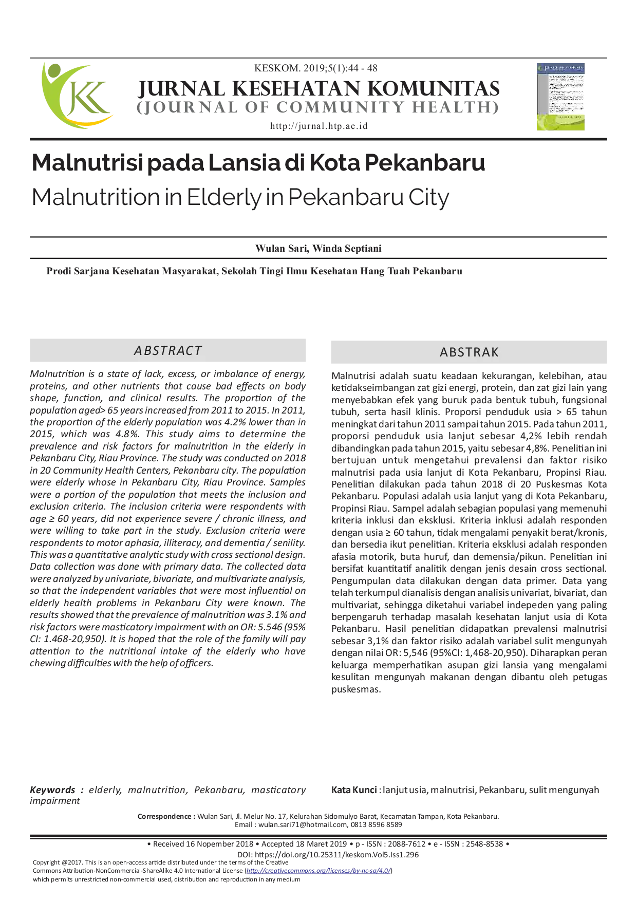 juris Malnutrisi Pada Lansia Di Kota Pekanbaru