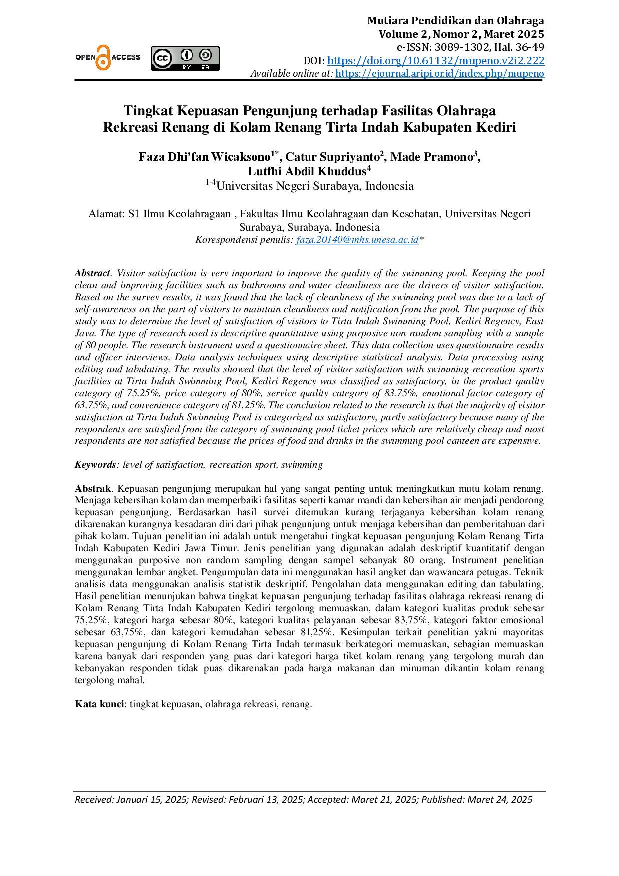 juris Tingkat Kepuasan Pengunjung terhadap Fasilitas Olahraga Rekreasi Renang di Kolam Renang Tirta Indah Kabupaten Kediri