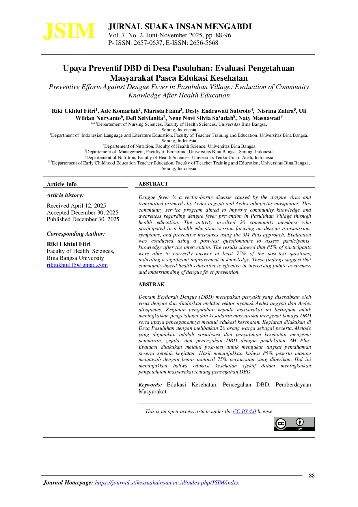 JURIS Upaya Preventif DBD di Desa Pasuluhan Evaluasi Pengetahuan Masyarakat Pasca Edukasi Kesehatan