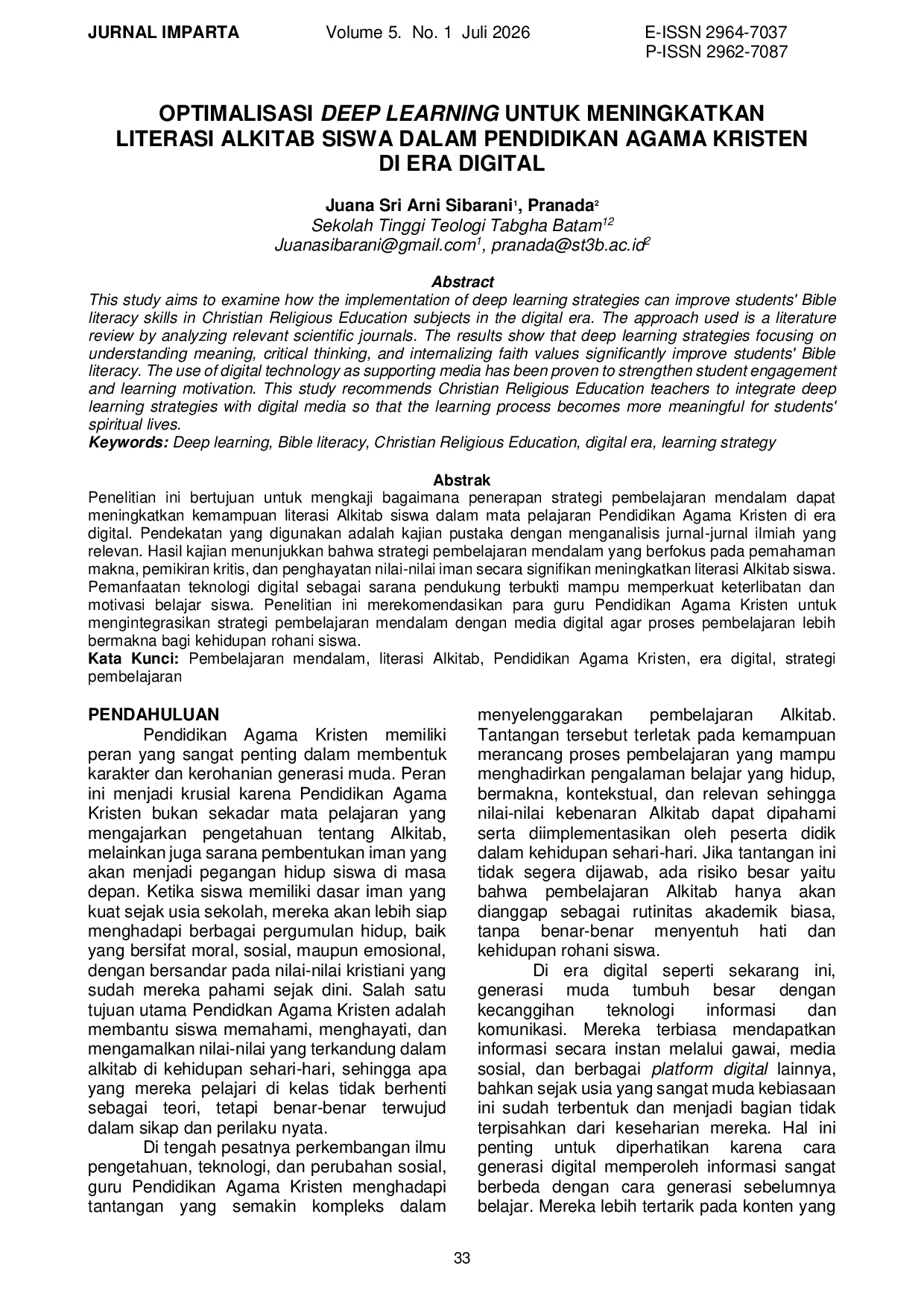 JURIS Optimalisasi Deep Learning Untuk Meningkatkan Literasi Alkitab Siswa Dalam Pendidikan Agama Kristen Di Era Digital