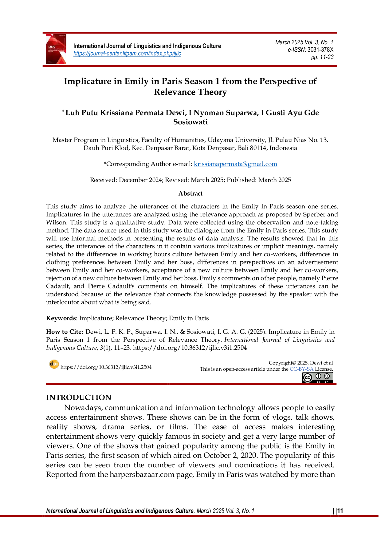 JURIS Implicature in Emily in Paris Season 1 from the Perspective of Relevance Theory