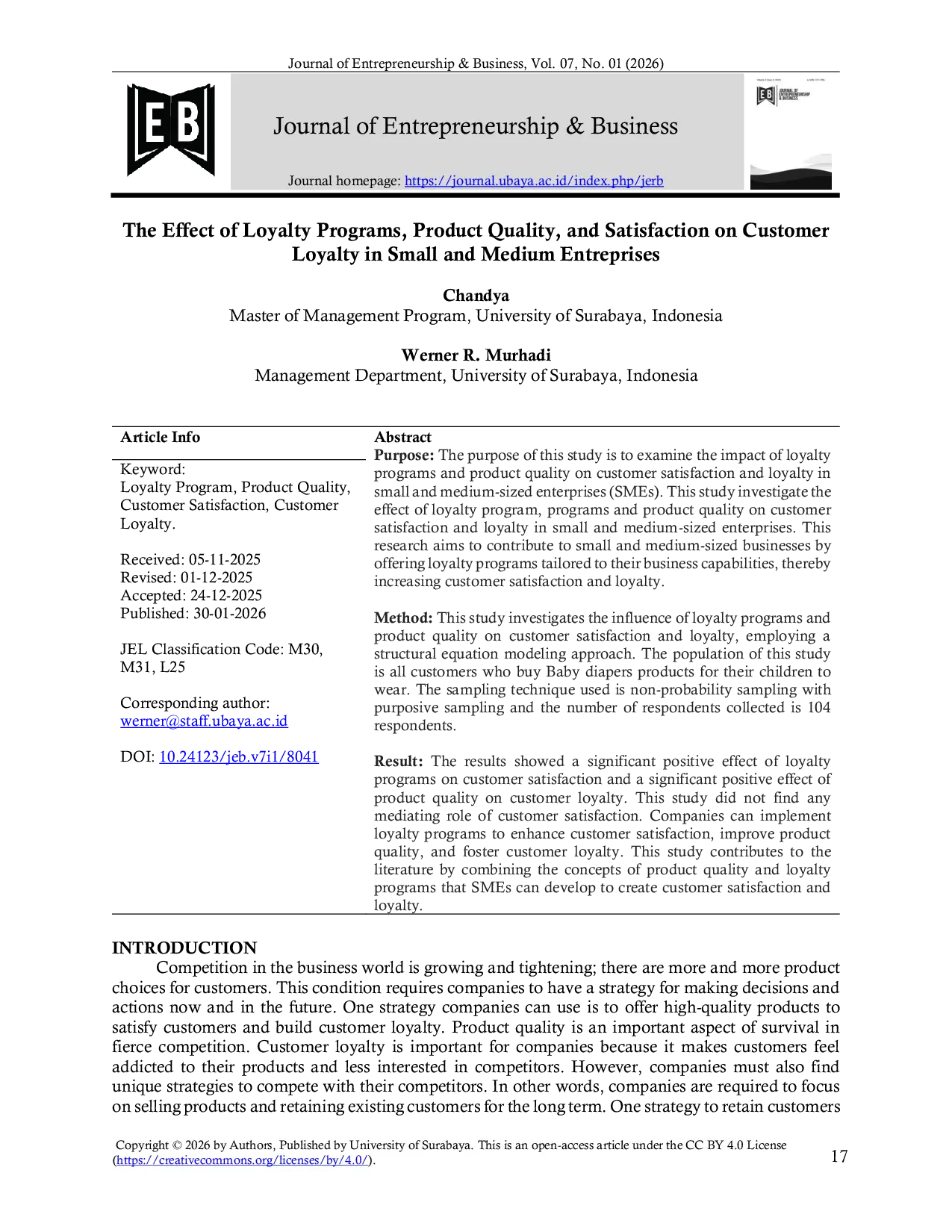 JURIS The Effect of Loyalty Programs Product Quality and Satisfaction on Customer Loyalty in Small and Medium Entreprises