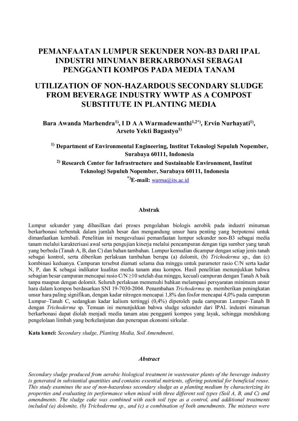 JURIS Pemanfaatan Lumpur Sekunder Non B3 Dari Ipal Industri Minuman Berkarbonasi Sebagai Pengganti Kompos Pada Media Tanam