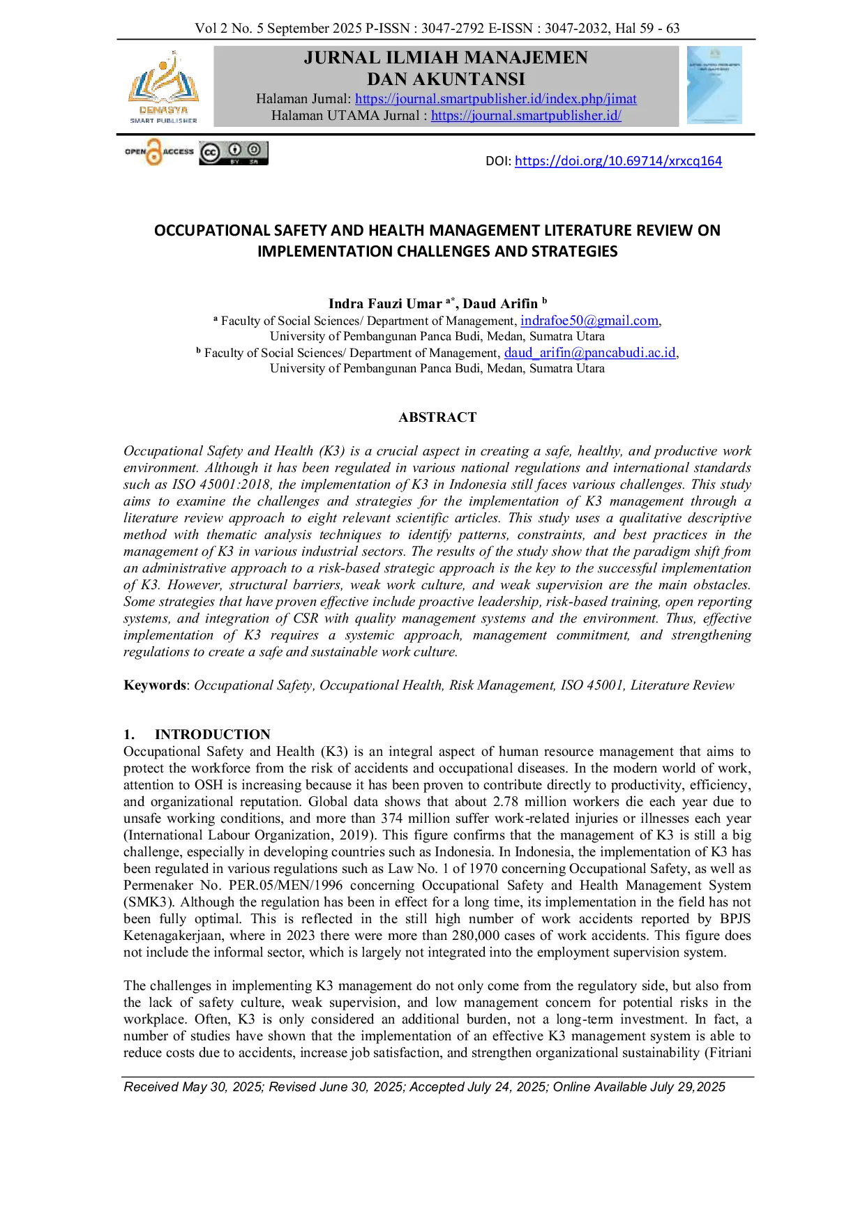 JURIS Tinjauan Literatur Manajemen Keselamatan Dan Kesehatan Kerja Tantangan Implementasi Dan Strategi