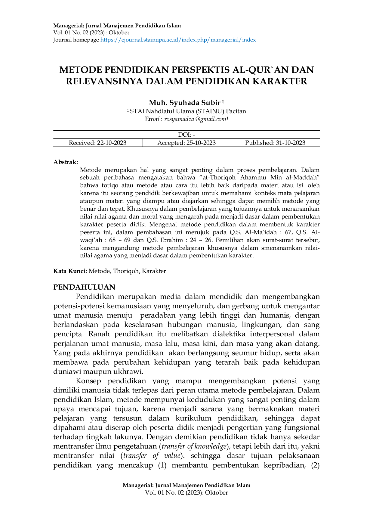 JURIS Metode Pendidikan Perspektis Al Qur an Dan Relevansinya Dalam Pendidikan Karakter