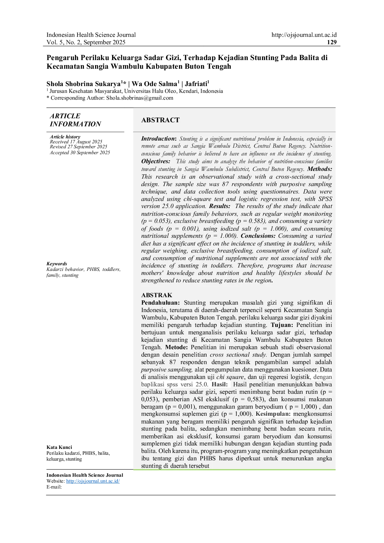 JURIS Pengaruh Perilaku Keluarga Sadar Gizi Terhadap Kejadian Stunting Pada Balita di Kecamatan Sangia Wambulu Kabupaten Buton Tengah