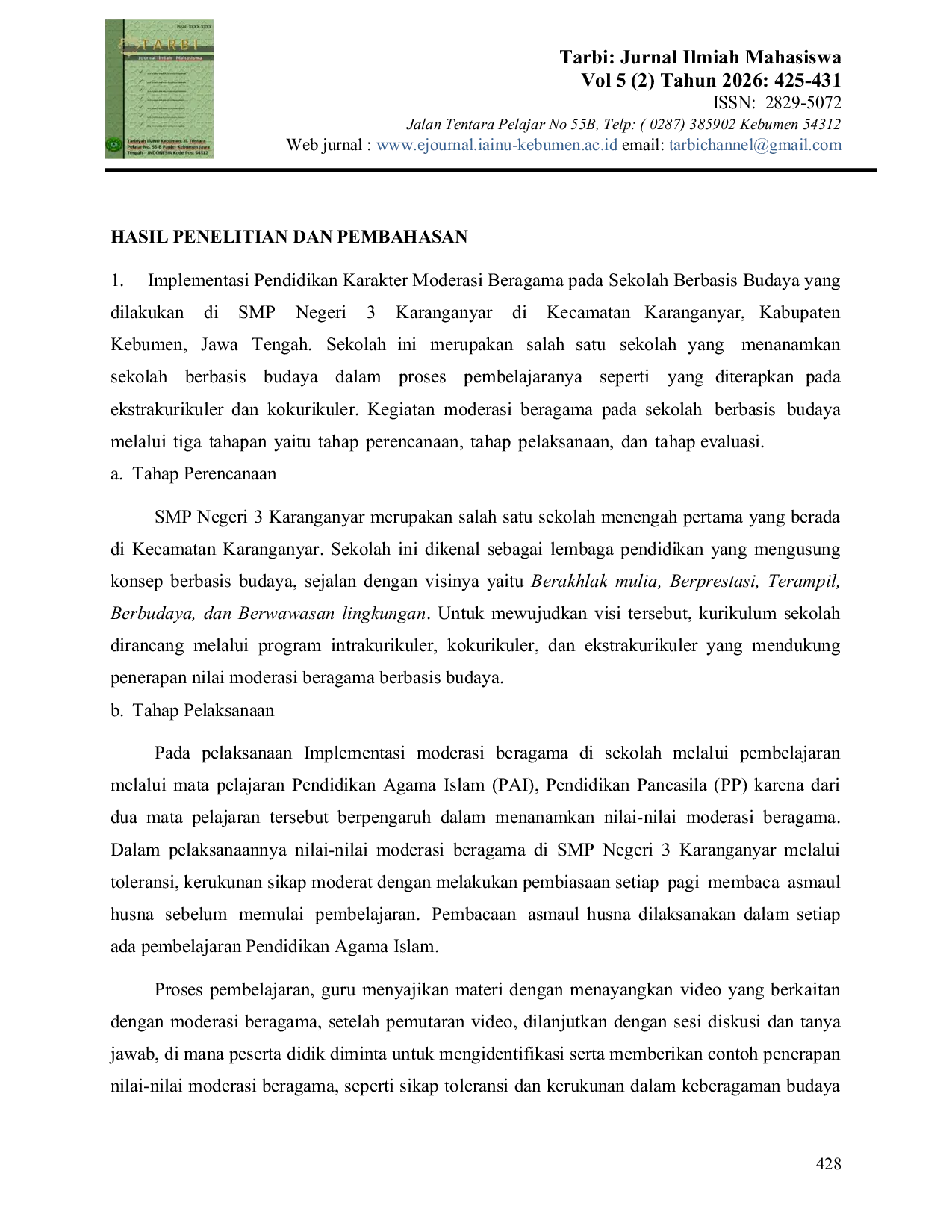 JURIS Implementasi Pendidikan Karakter Moderasi Beragama Pada Sekolah Berbasis Budaya Studi Kasus SMPN 3 Karanganyar Kebumen