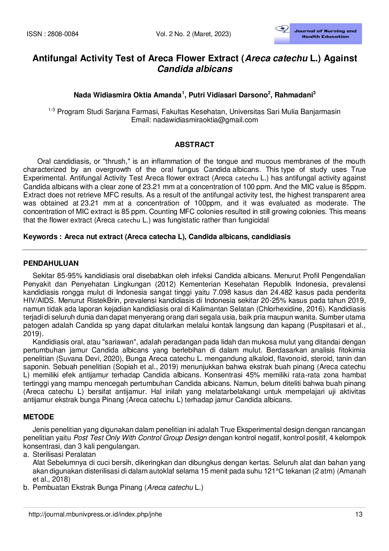 JURIS Antifungal Activity Test of Areca Flower Extract Areca catechu L Against Candida albicans