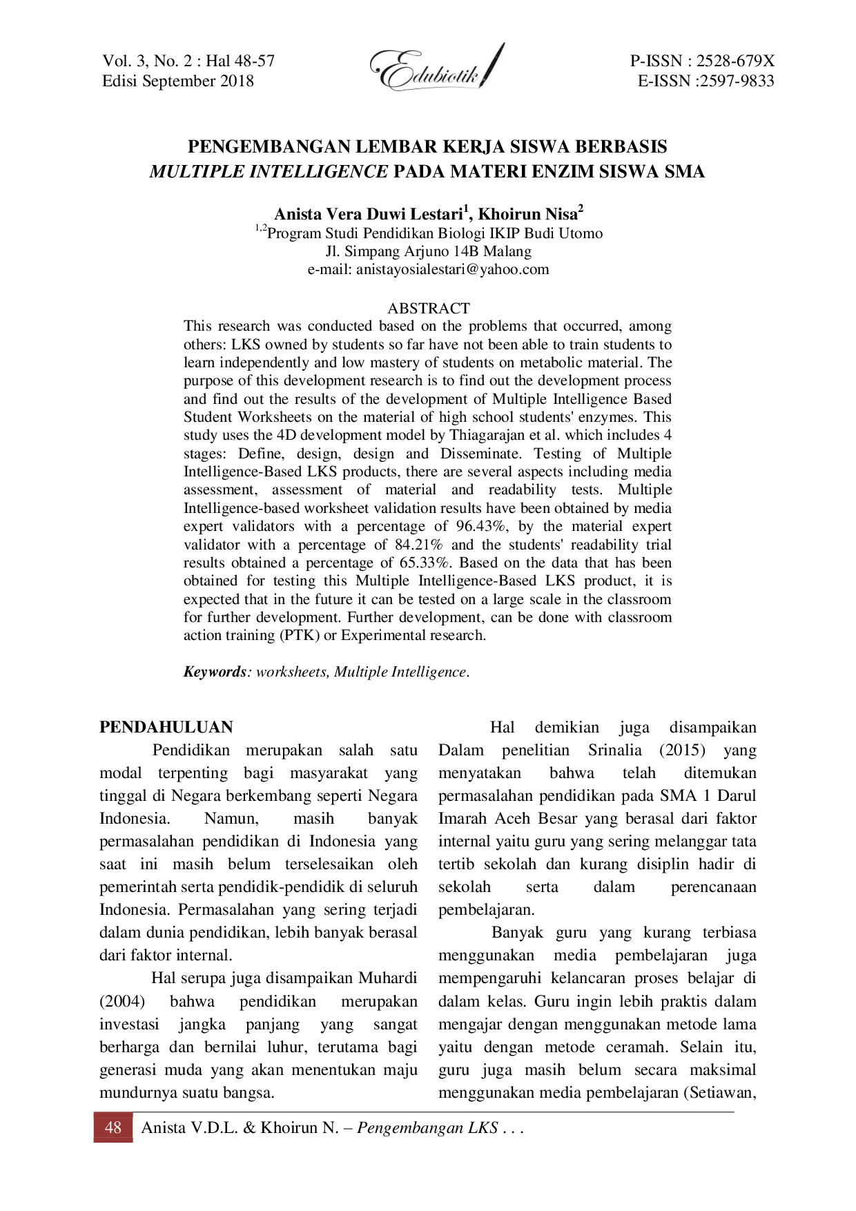 JURIS Pengembangan Lembar Kerja Siswa Berbasis Multiple Intelligence pada Materi Enzim Siswa SMA