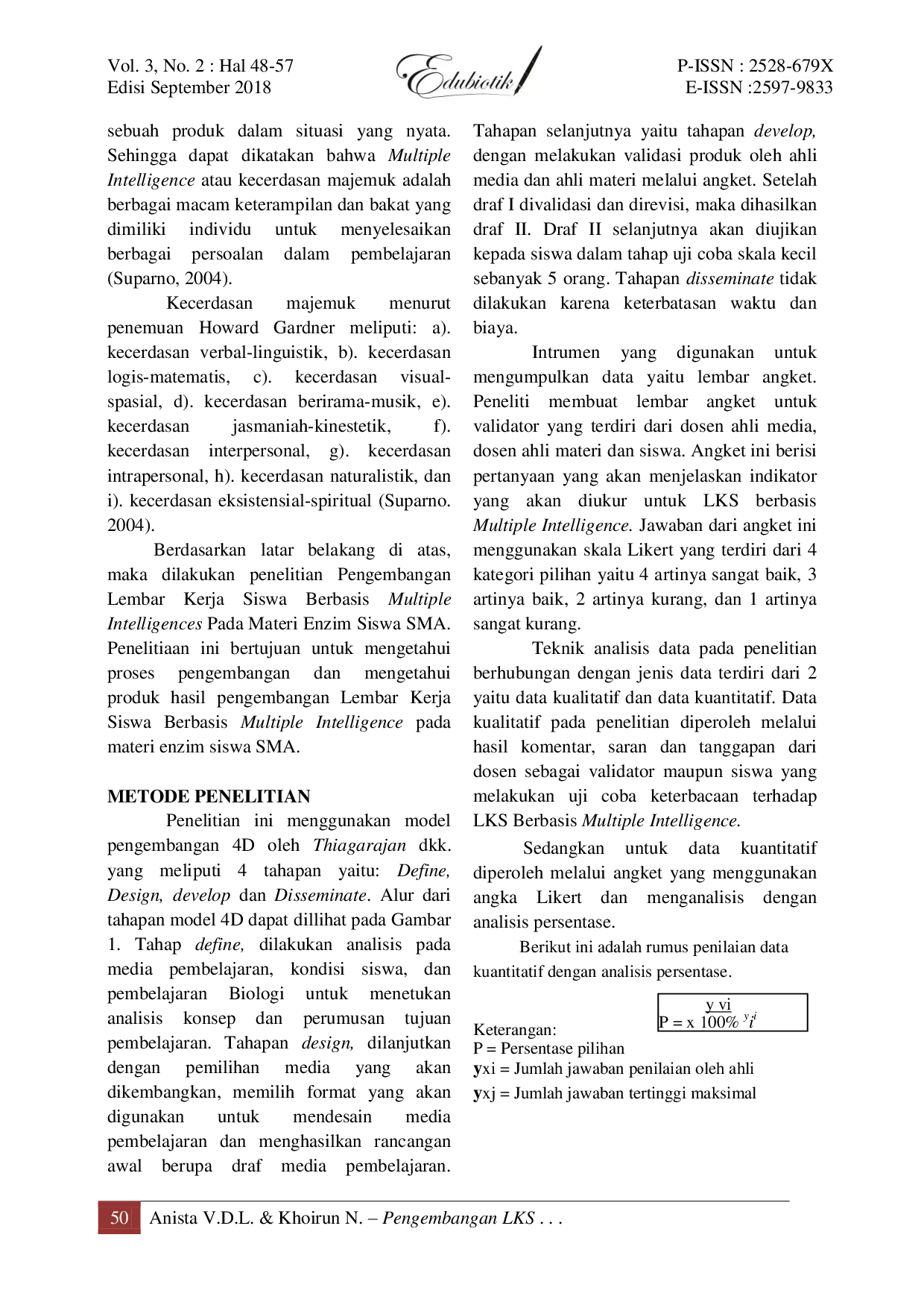 JURIS Pengembangan Lembar Kerja Siswa Berbasis Multiple Intelligence pada Materi Enzim Siswa SMA