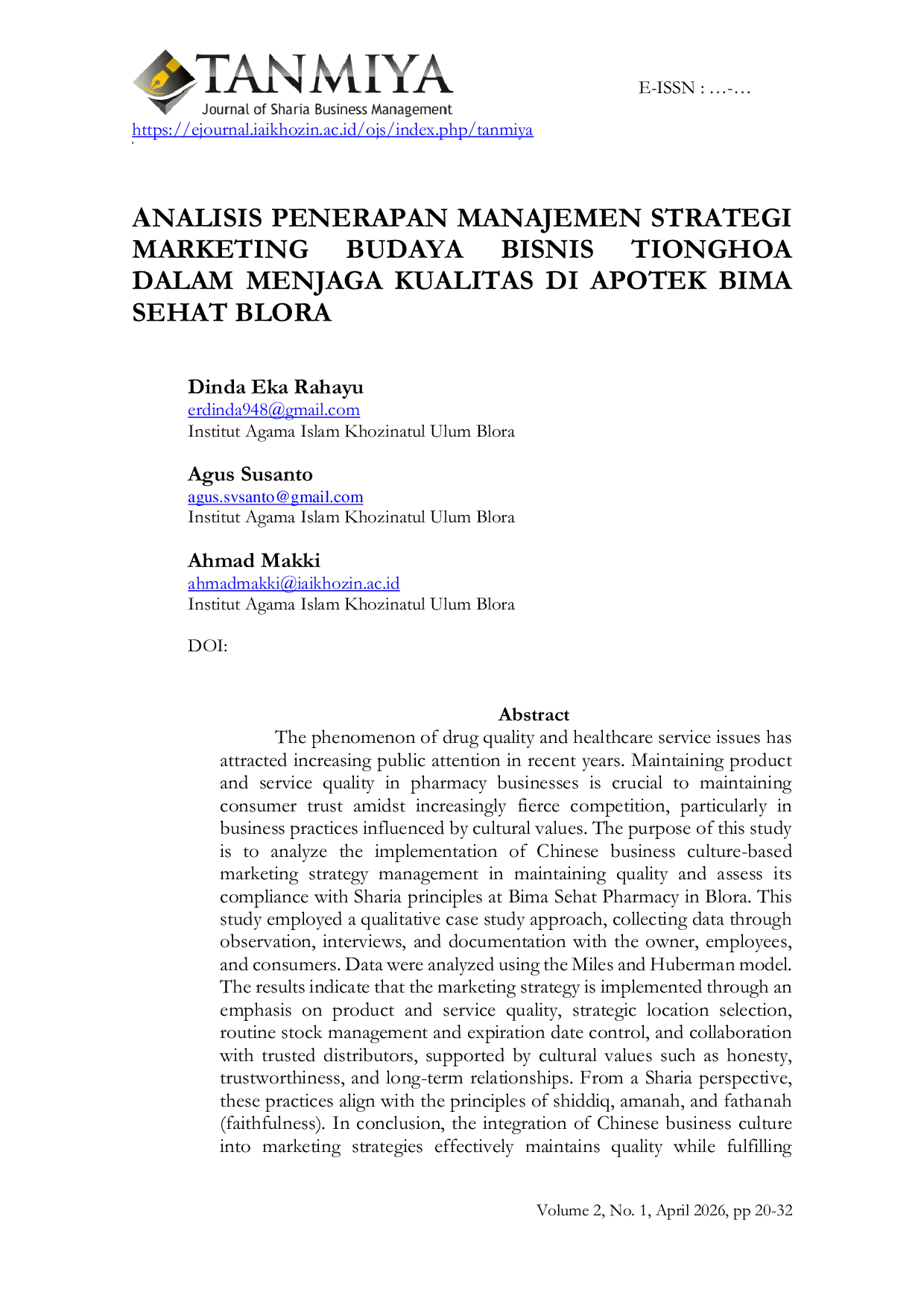 JURIS Analisis Penerapan Manajemen Strategi Marketing Budaya Bisnis Tionghoa Dalam Menjaga Kualitas di Apotek Bima Sehat Blora