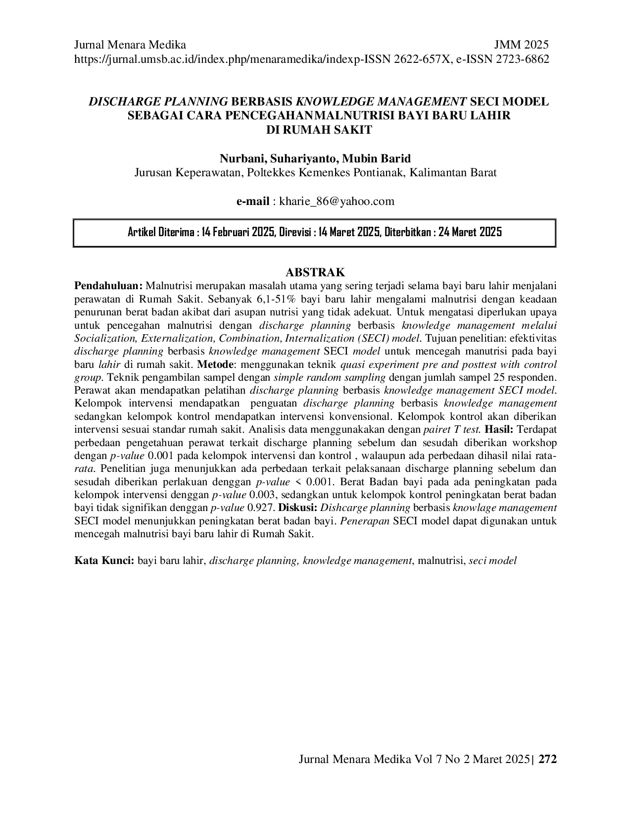 JURIS Discharge Planning Berbasis Knowledge Management Seci Model Sebagai Cara Pencegahan Malnutrisi Bayi Baru Lahir Di Rumah Sakit