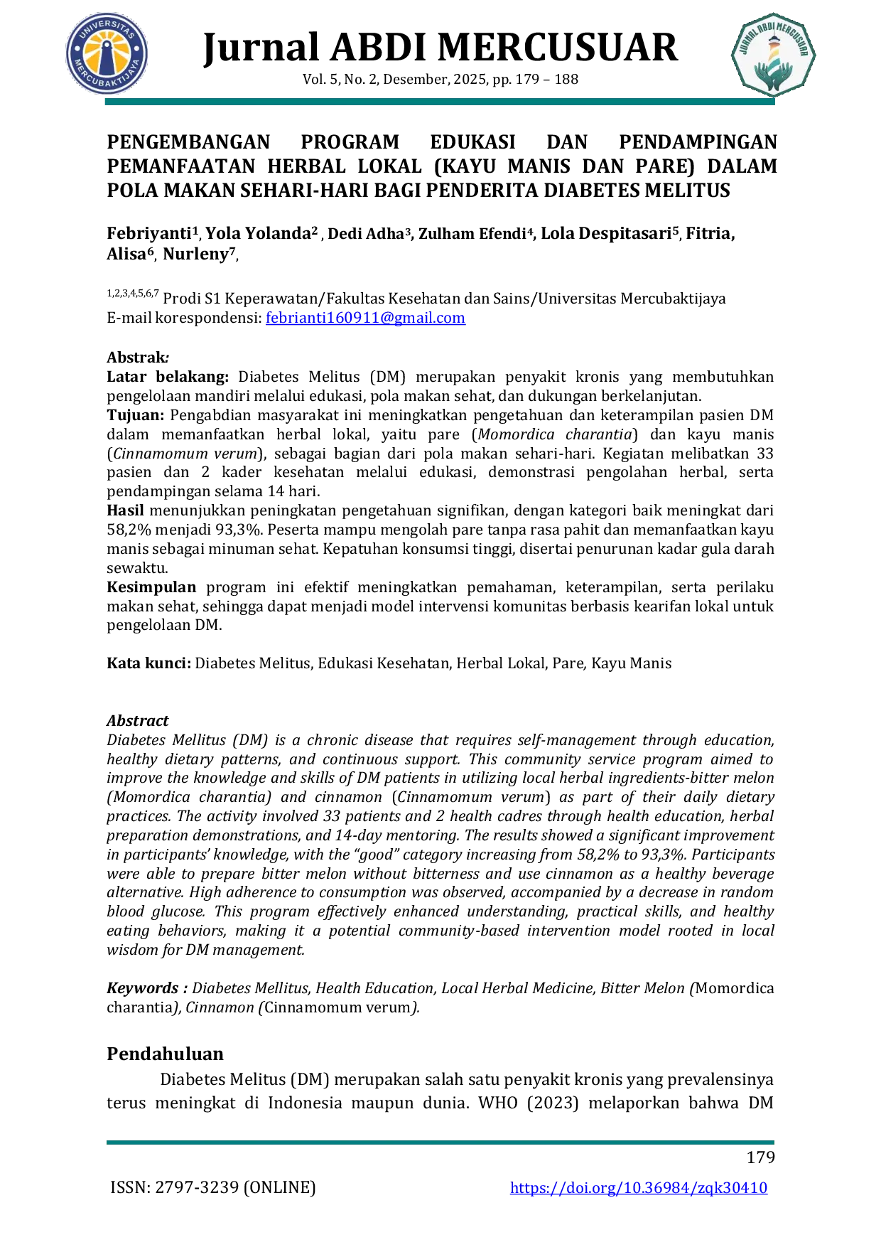 JURIS Pengembangan Pendampingan Pemanfaatan Herbal Lokal Kayu Manis Dan Pare Dalam Pola Makan Sehari hari Bagi Penderita Diabetes Melitus