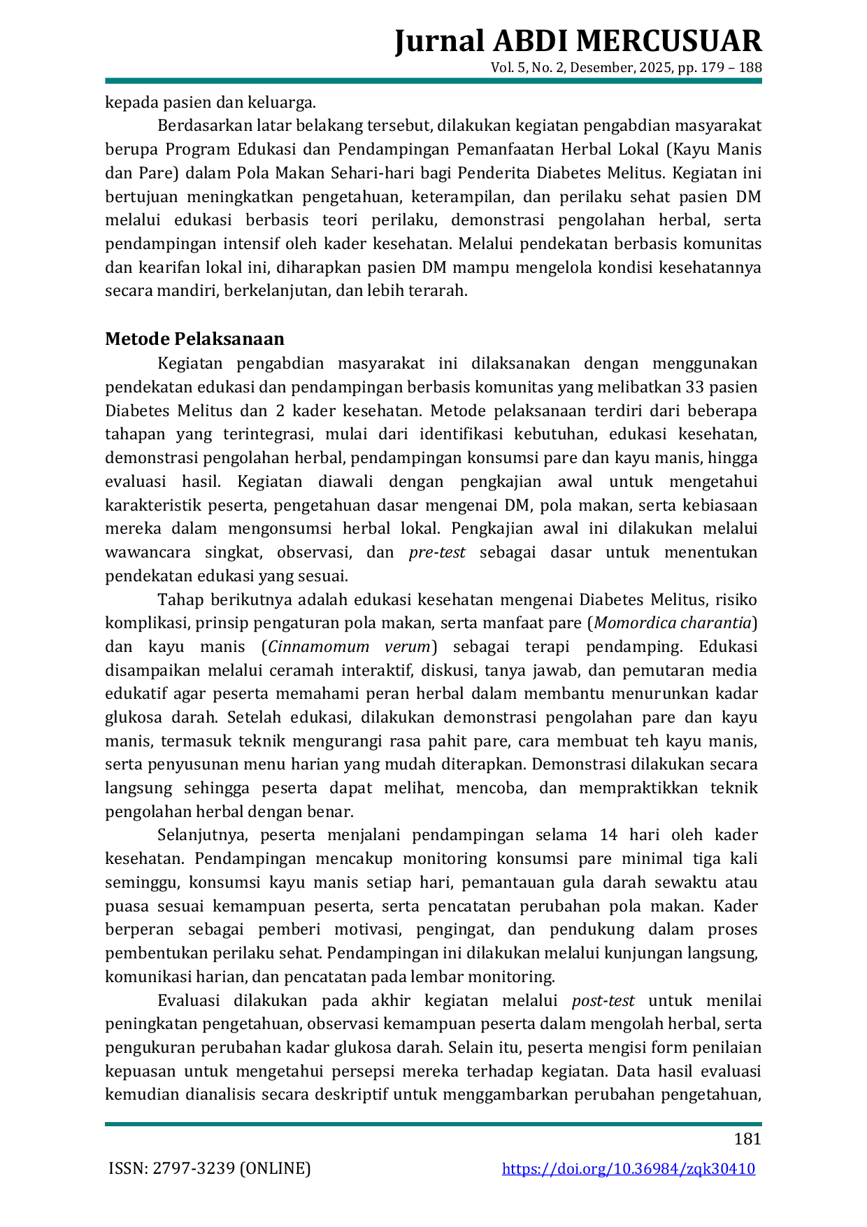 JURIS Pengembangan Pendampingan Pemanfaatan Herbal Lokal Kayu Manis Dan Pare Dalam Pola Makan Sehari hari Bagi Penderita Diabetes Melitus