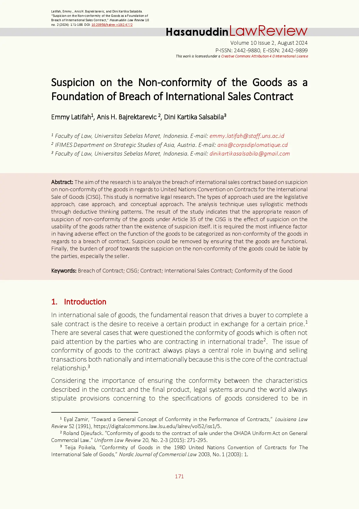 juris Suspicion on the Non conformity of the Goods as a Foundation of Breach of International Sales Contract