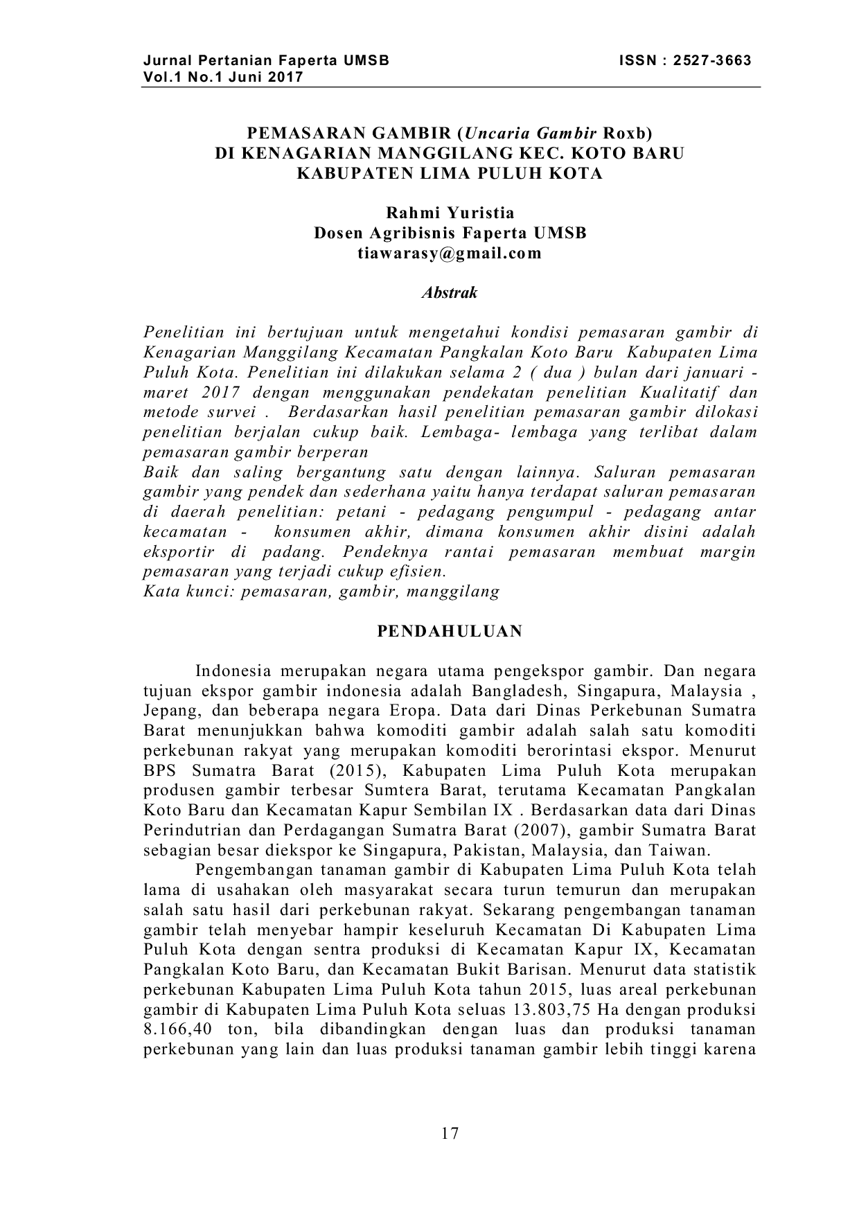 JURIS PEMASARAN GAMBIR Uncaria Gambir Roxb DI KENAGARIAN MANGGILANG KEC KOTO BARU KABUPATEN LIMA PULUH KOTA