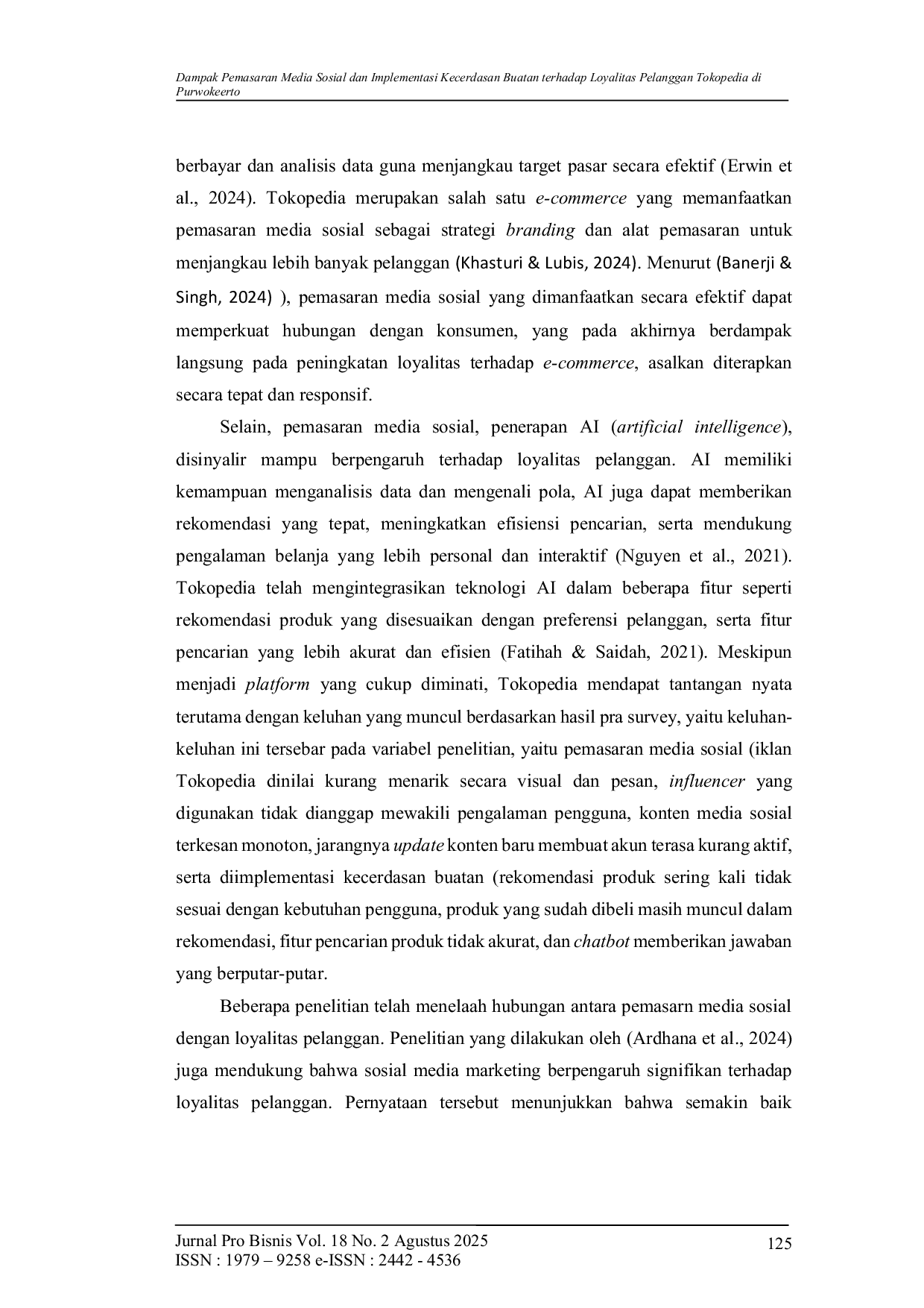 JURIS Dampak Pemasaran Media Sosial dan Implementasi Kecerdasan Buatan terhadap Loyalitas Pelanggan Tokopedia di Purwokeerto