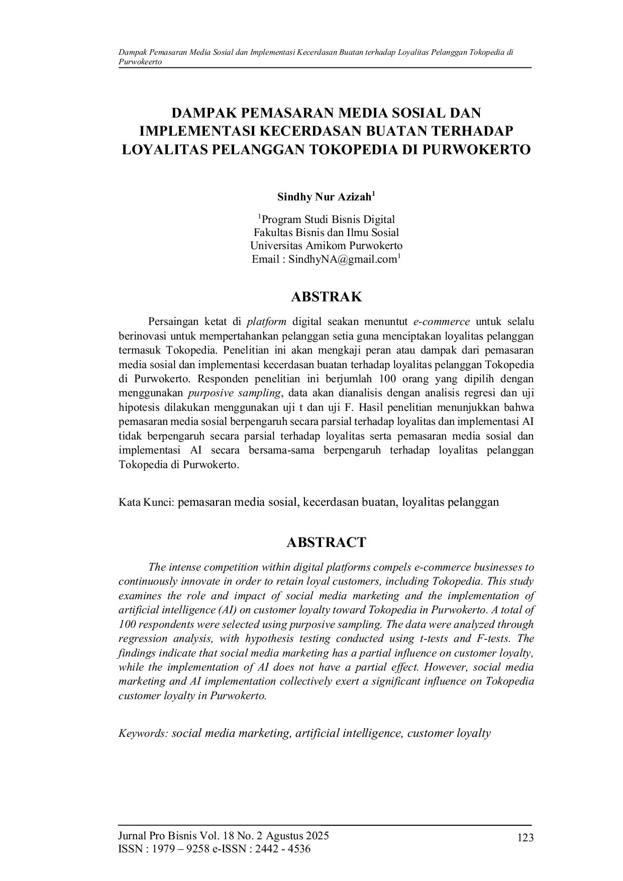 JURIS Dampak Pemasaran Media Sosial dan Implementasi Kecerdasan Buatan terhadap Loyalitas Pelanggan Tokopedia di Purwokeerto