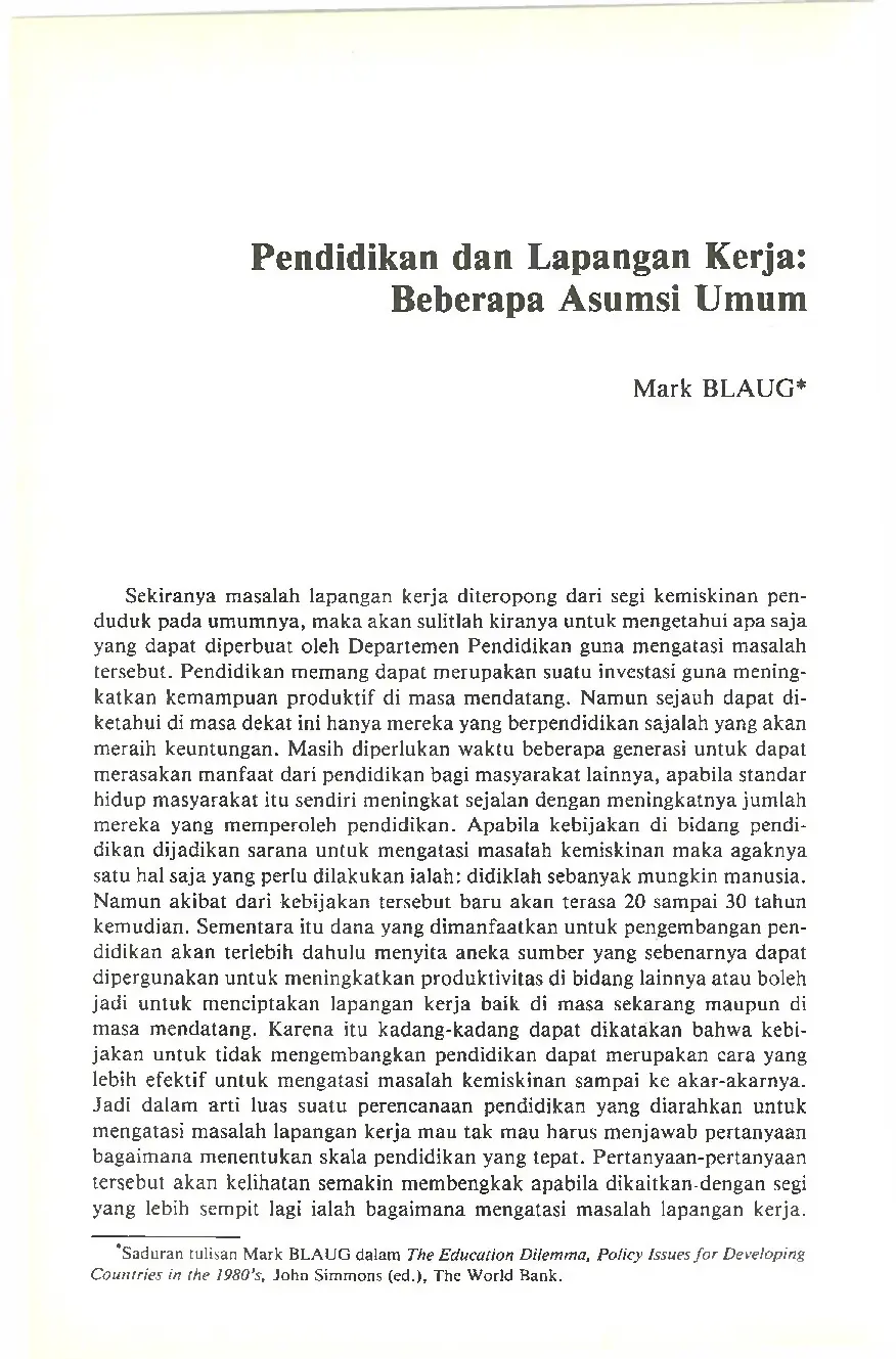 JURIS Pendidikan dan Lapangan Kerja Beberapa Asumsi Umum