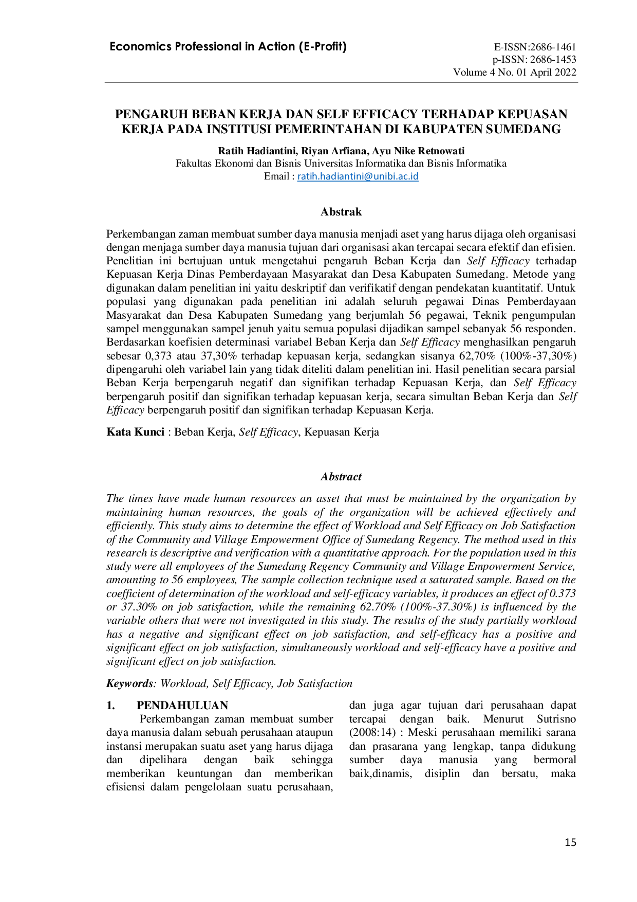 JURIS Pengaruh Beban Kerja dan Self Efficacy Terhadap Kepuasan Kerja Pada Institusi Pemerintahan di Kabupaten Sumedang