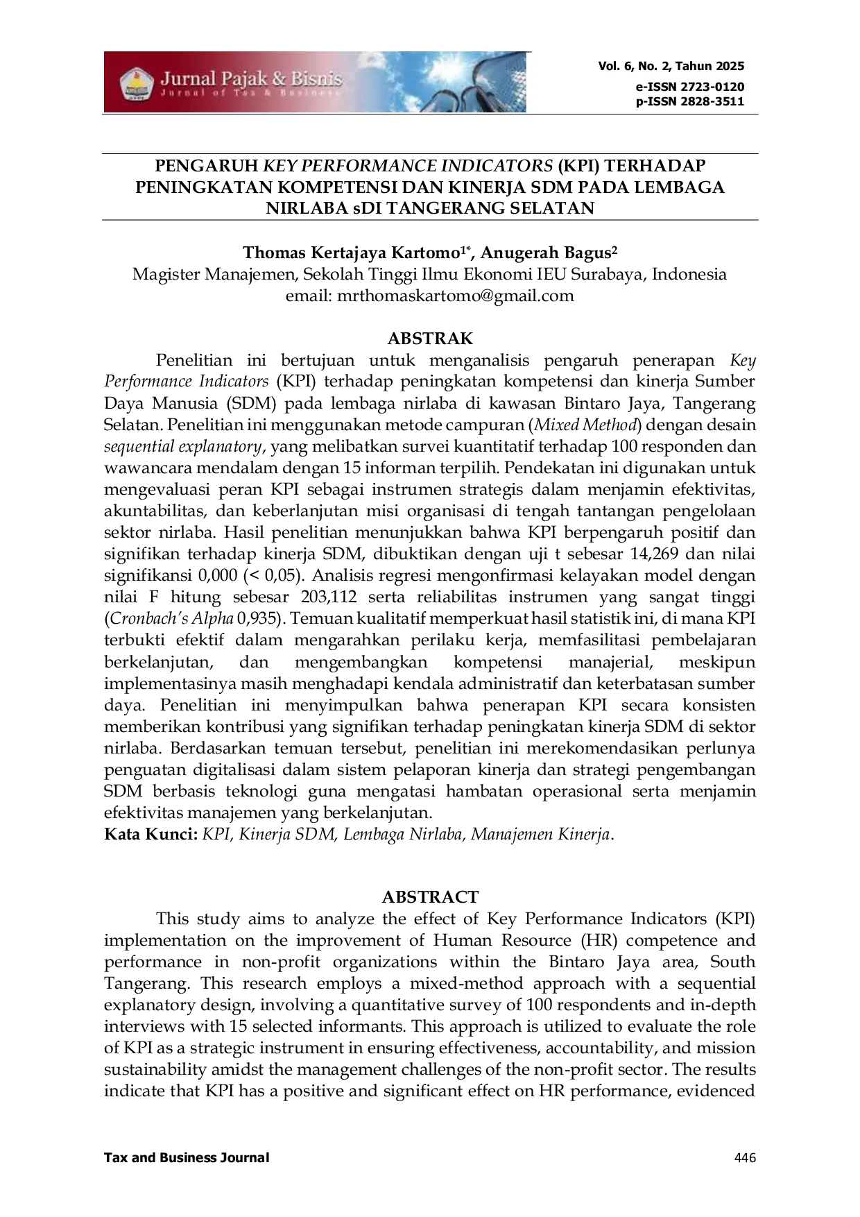 JURIS Pengaruh Key Performance Indicators Kpi Terhadap Peningkatan Kompetensi Dan Kinerja Sdm Pada Lembaga Nirlaba Di Tangerang Selatan