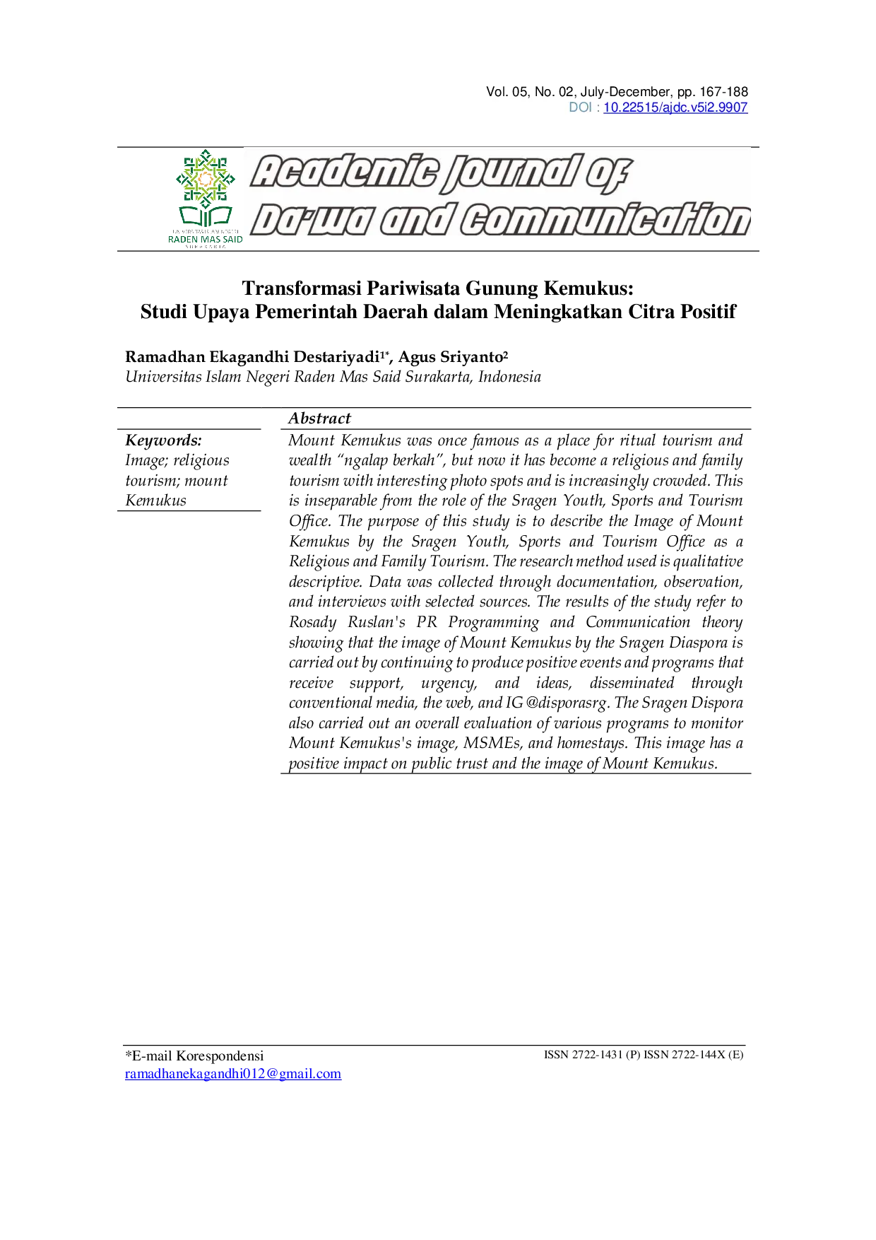 JURIS Transformasi Pariwisata Gunung Kemukus Studi Upaya Pemerintah Daerah dalam Meningkatkan Citra Positif