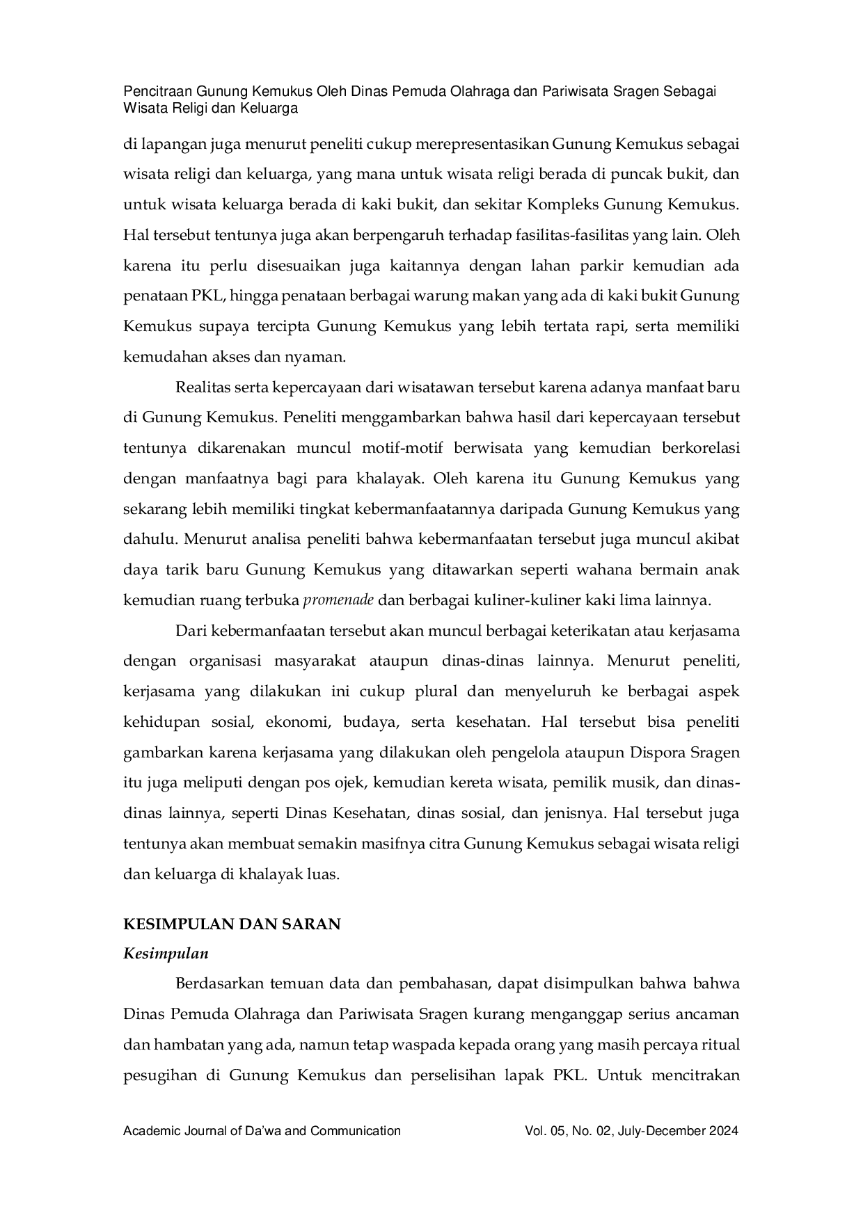 JURIS Transformasi Pariwisata Gunung Kemukus Studi Upaya Pemerintah Daerah dalam Meningkatkan Citra Positif