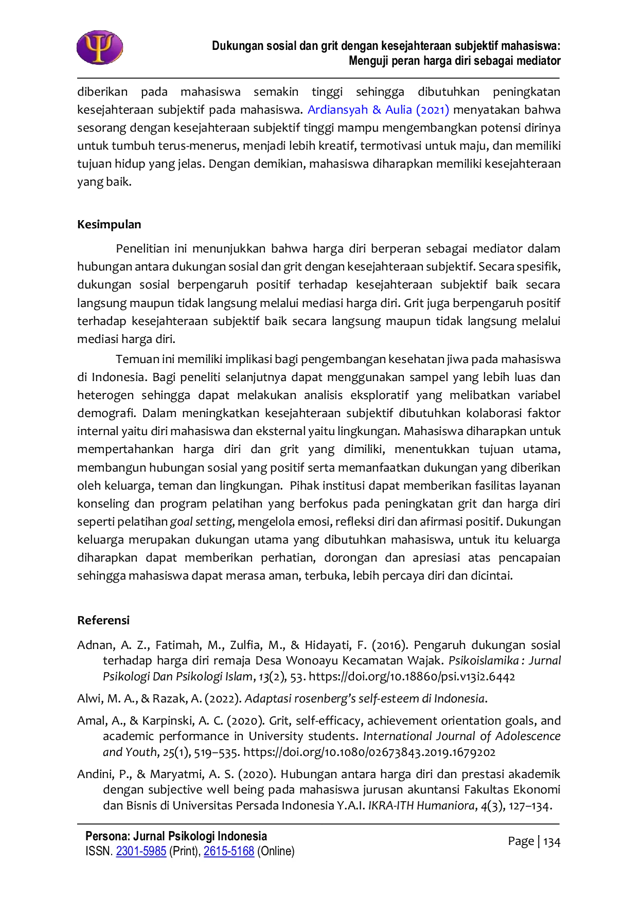 JURIS Dukungan sosial dan grit dengan kesejahteraan subjektif mahasiswa Menguji peran harga diri sebagai mediator