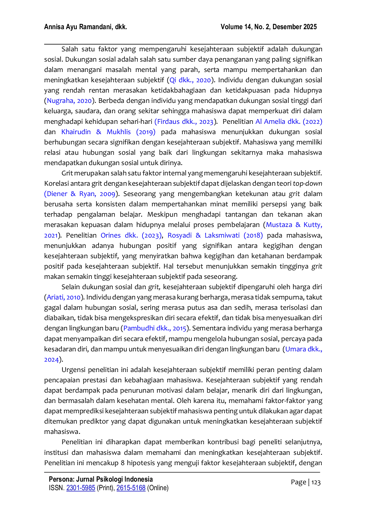 JURIS Dukungan sosial dan grit dengan kesejahteraan subjektif mahasiswa Menguji peran harga diri sebagai mediator