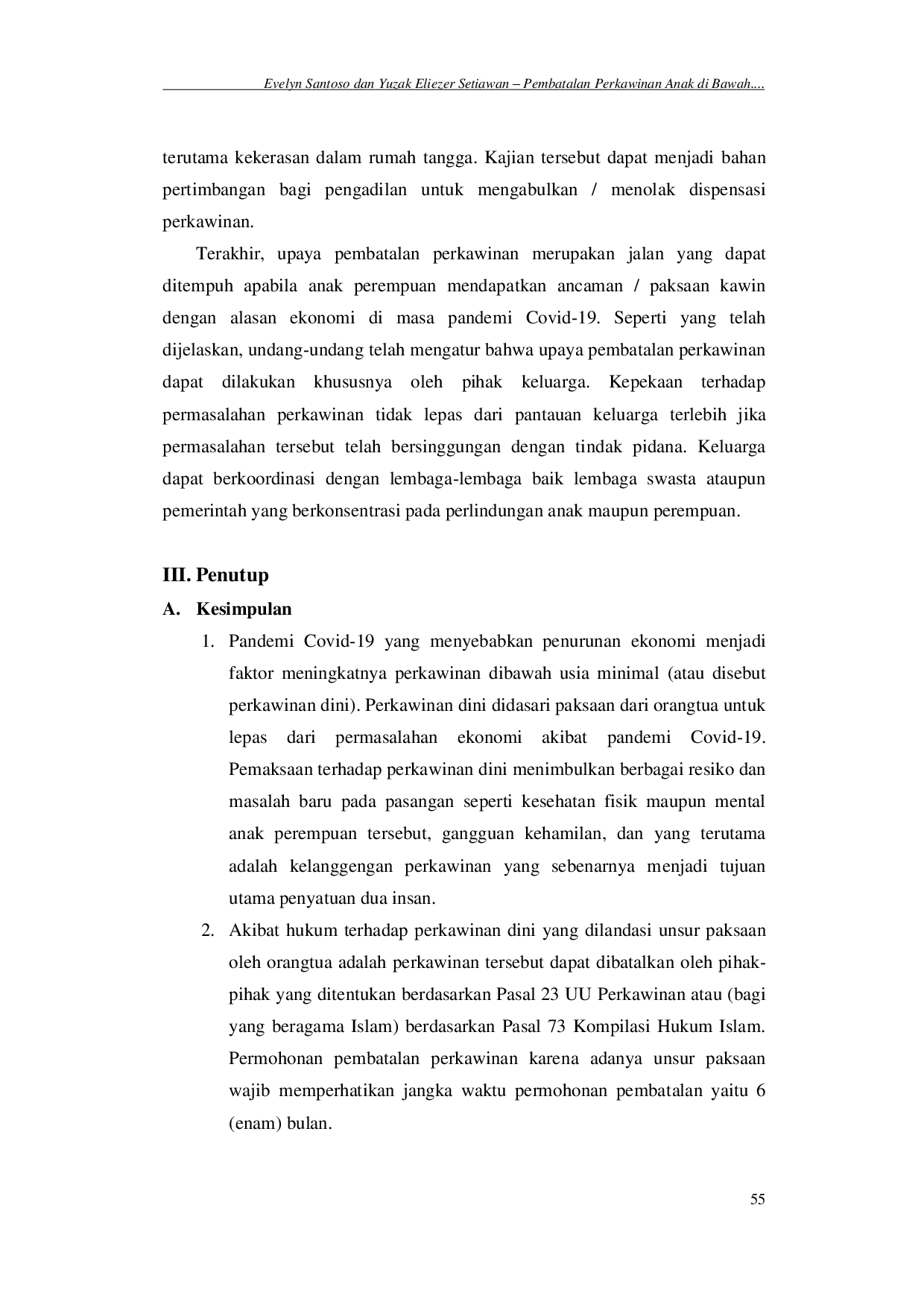 juris Pembatalan Perkawinan Anak Perempuan di Bawah Usia Minimal Karena Unsur Paksaan Oleh Orangtua Pada Masa Pandemi Covid 19 Cancellation of Marriage for Girls Under the Minimum Age Due to Elements of C