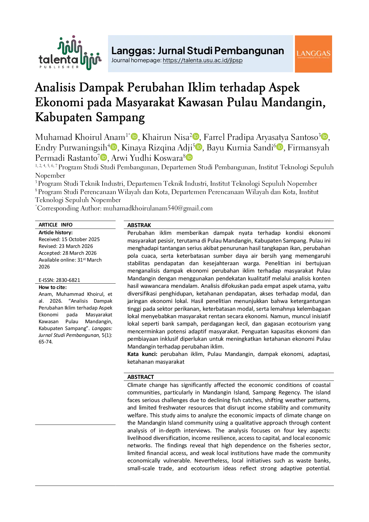 JURIS Analisis Dampak Perubahan Iklim terhadap Aspek Ekonomi pada Masyarakat Kawasan Pulau Mandangin Kabupaten Sampang