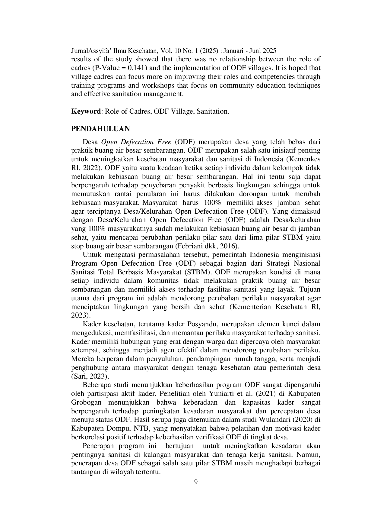 JURIS Hubungan Peran Kader Desa dengan Penerapan Desa Open Defication Free ODF