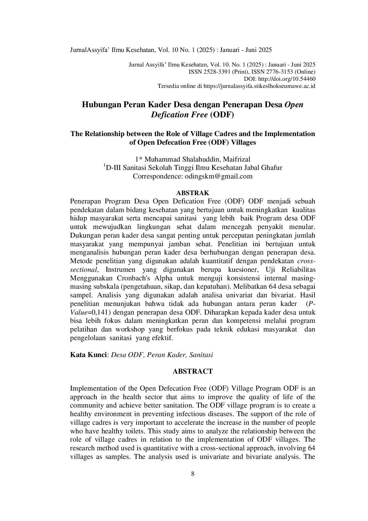 JURIS Hubungan Peran Kader Desa dengan Penerapan Desa Open Defication Free ODF