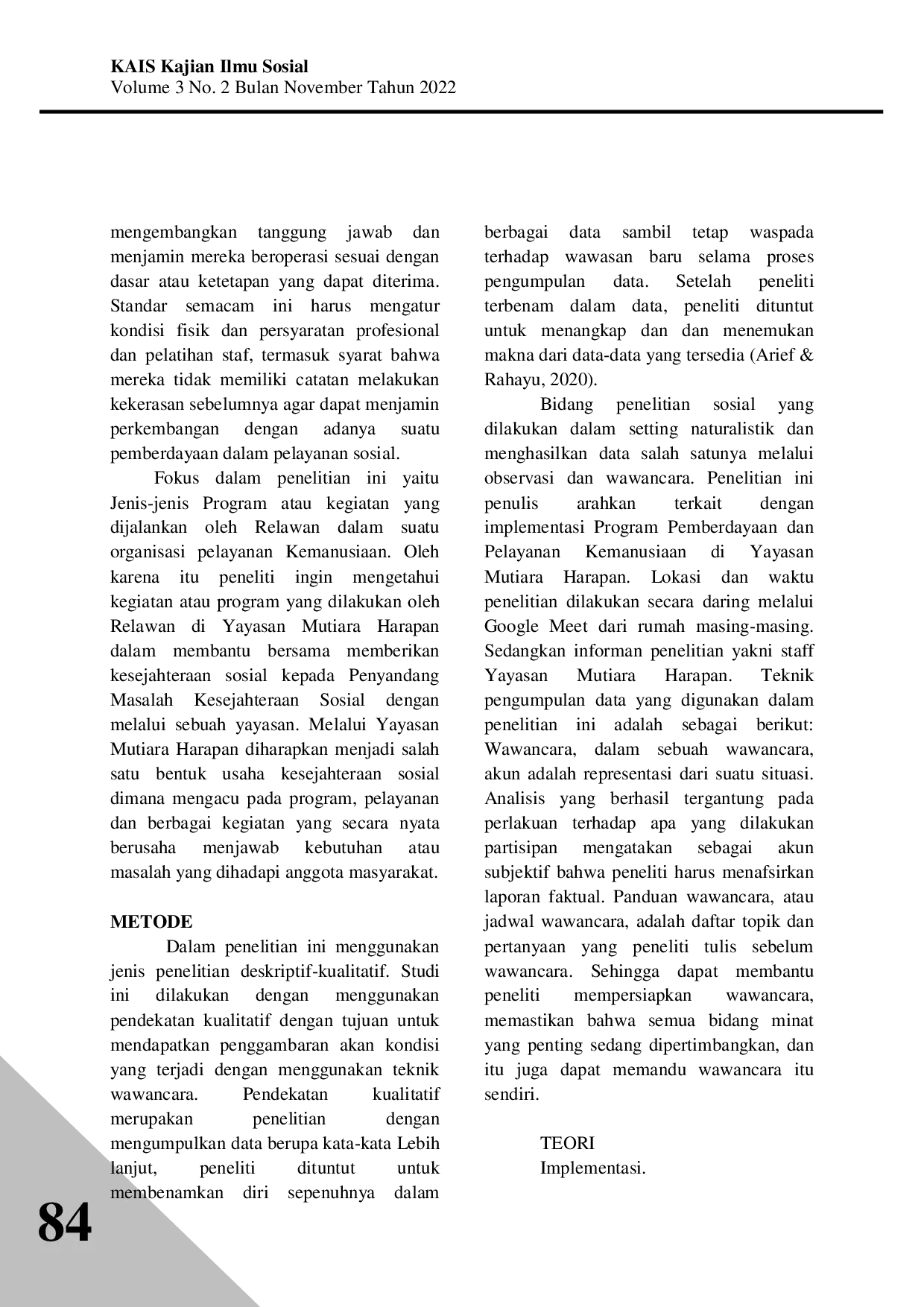 JURIS IMPLEMENTASI PROGRAM PEMBERDAYAAN SOSIAL DAN PELAYANAN KEMANUSIAAN DI YAYASAN MUTIARA HARAPAN