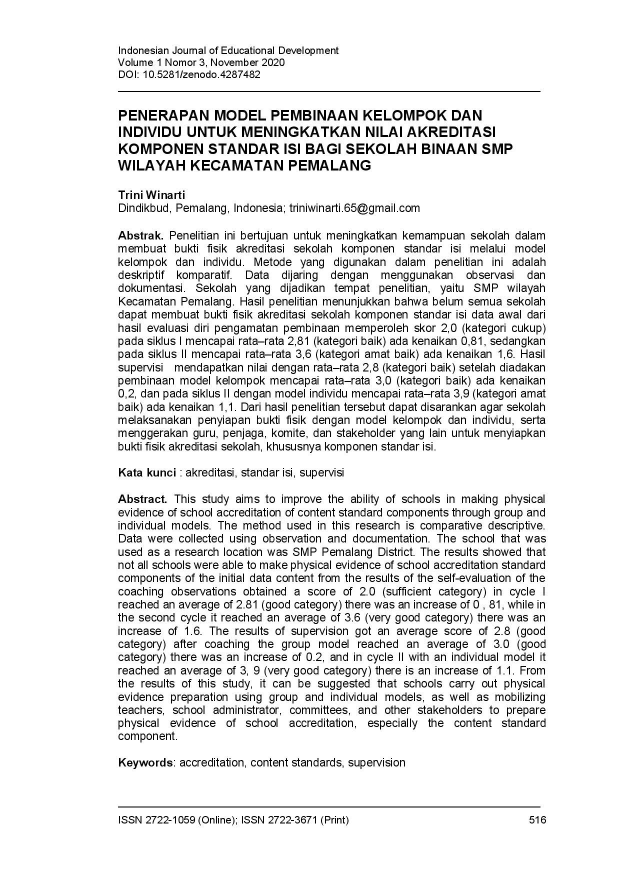 juris Penerapan Model Pembinaan Kelompok Dan Individu Untuk Meningkatkan Nilai Akreditasi Komponen Standar Isi Bagi Sekolah Binaan SMP Wilayah Kecamatan Pemalang