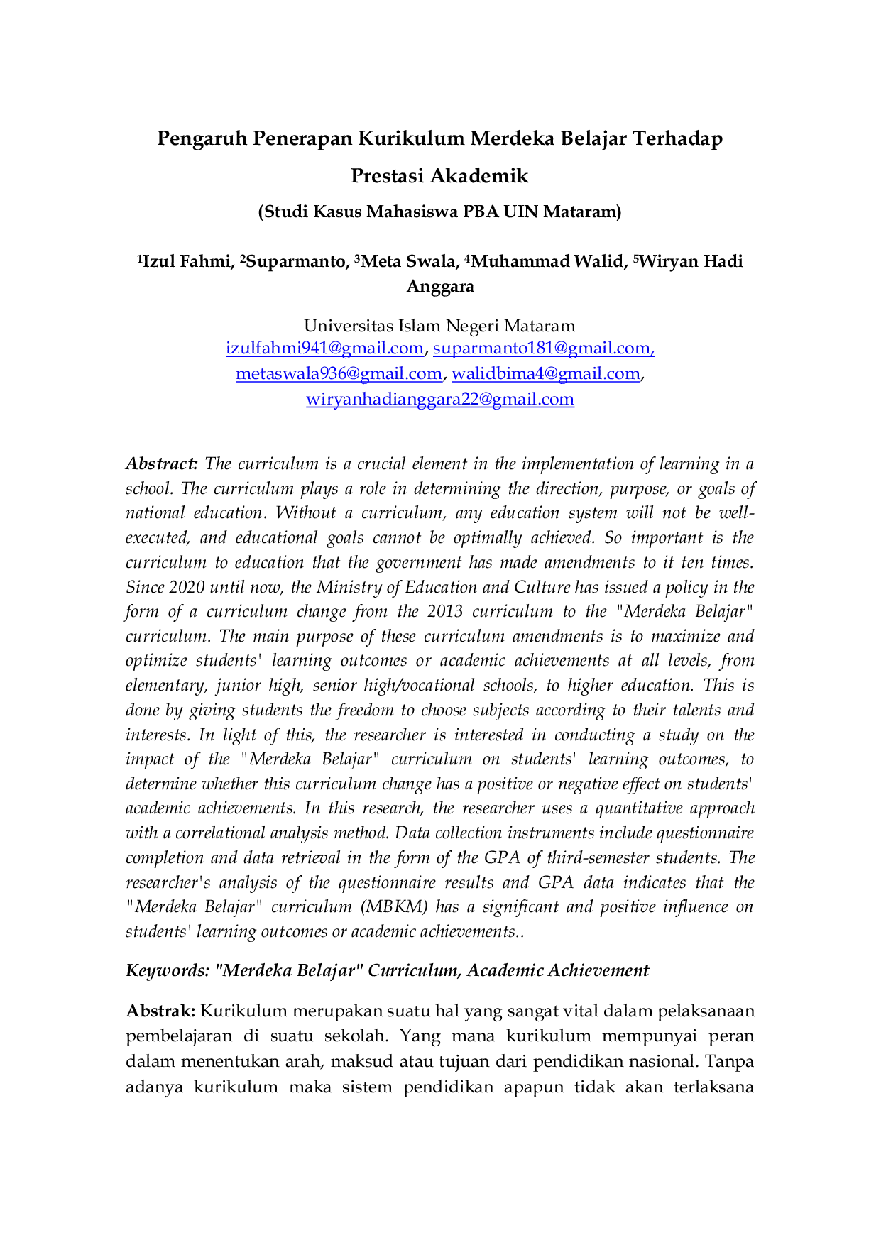 JURIS Pengaruh Penerapan Kurikulum Merdeka Belajar Terhadap Prestasi Akademik Studi Kasus Mahasiswa PBA UIN Mataram