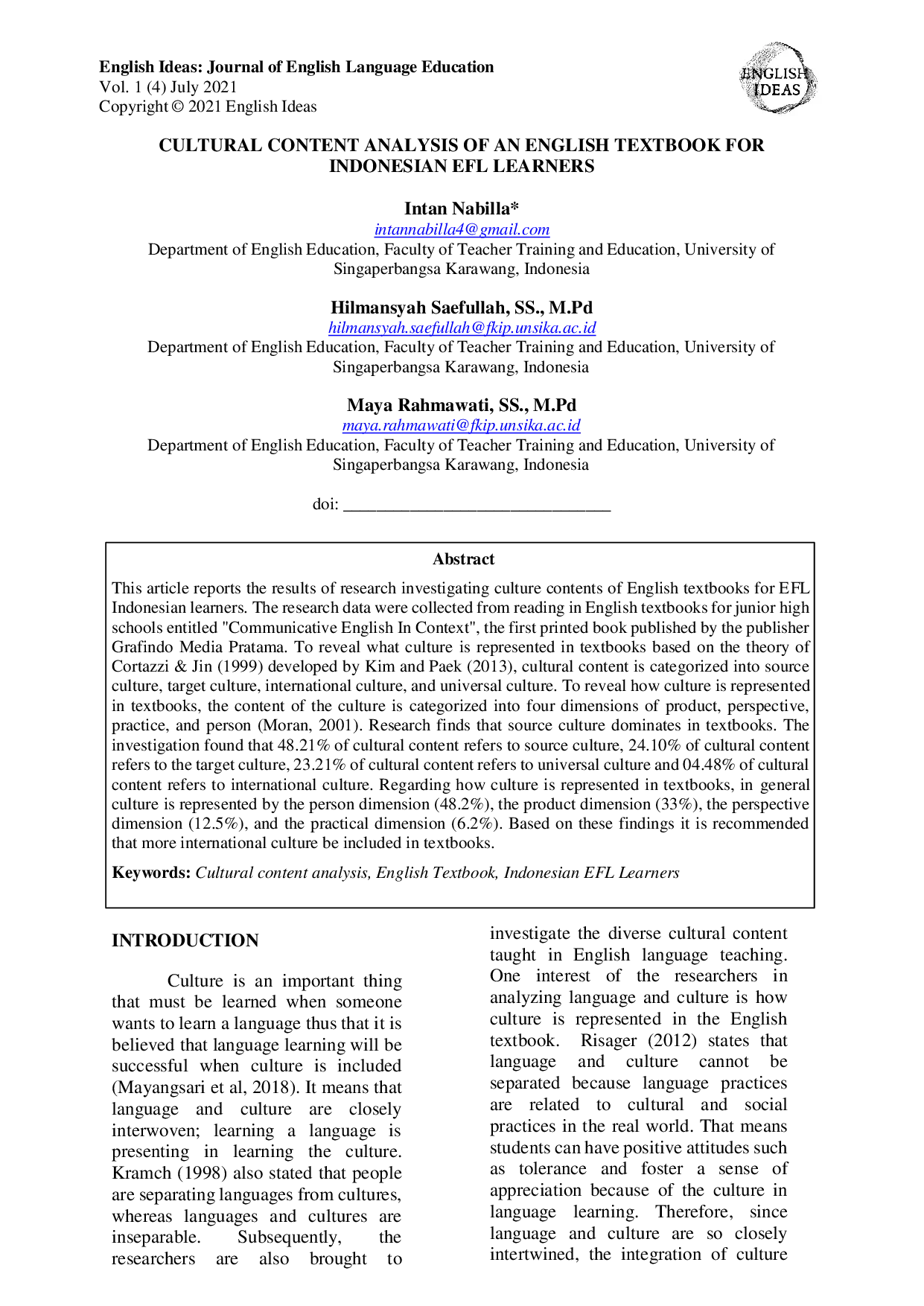 JURIS Cultural Content Analysis of an English Textbook for Indonesian EFL Learners