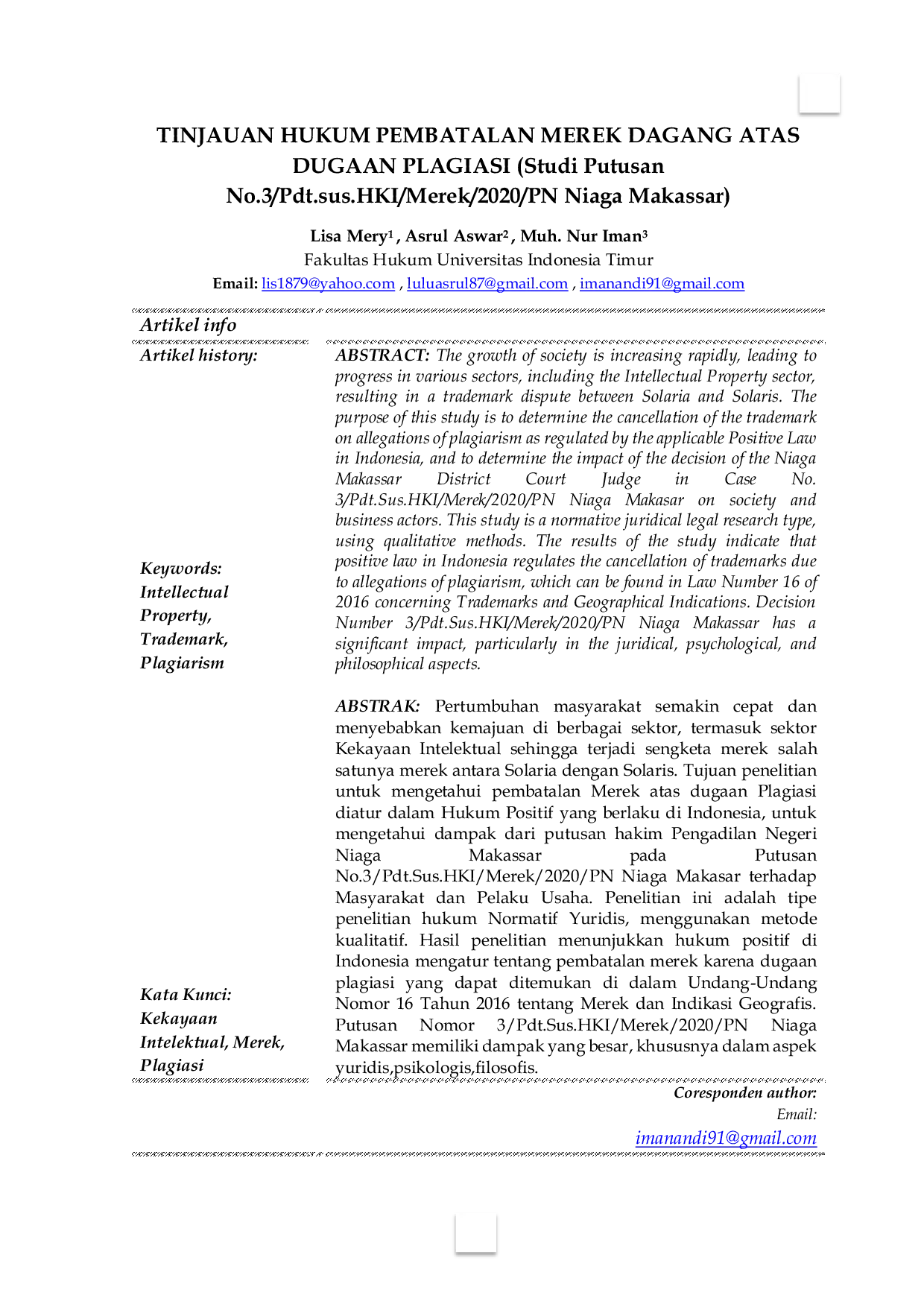 JURIS Tinjauan Hukum Pembatalan Merek Dagang Atas Dugaan Plagiasi Studi Putusan No 3 Pdt sus HKI Merek 2020 PN Niaga Makassar