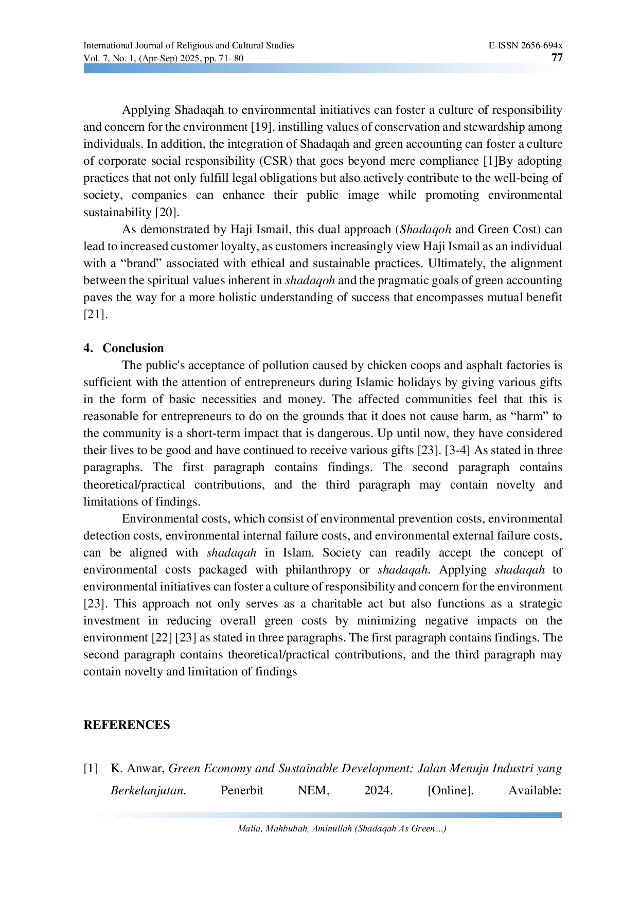 JURIS Shadaqah as Green Cost An Explanation