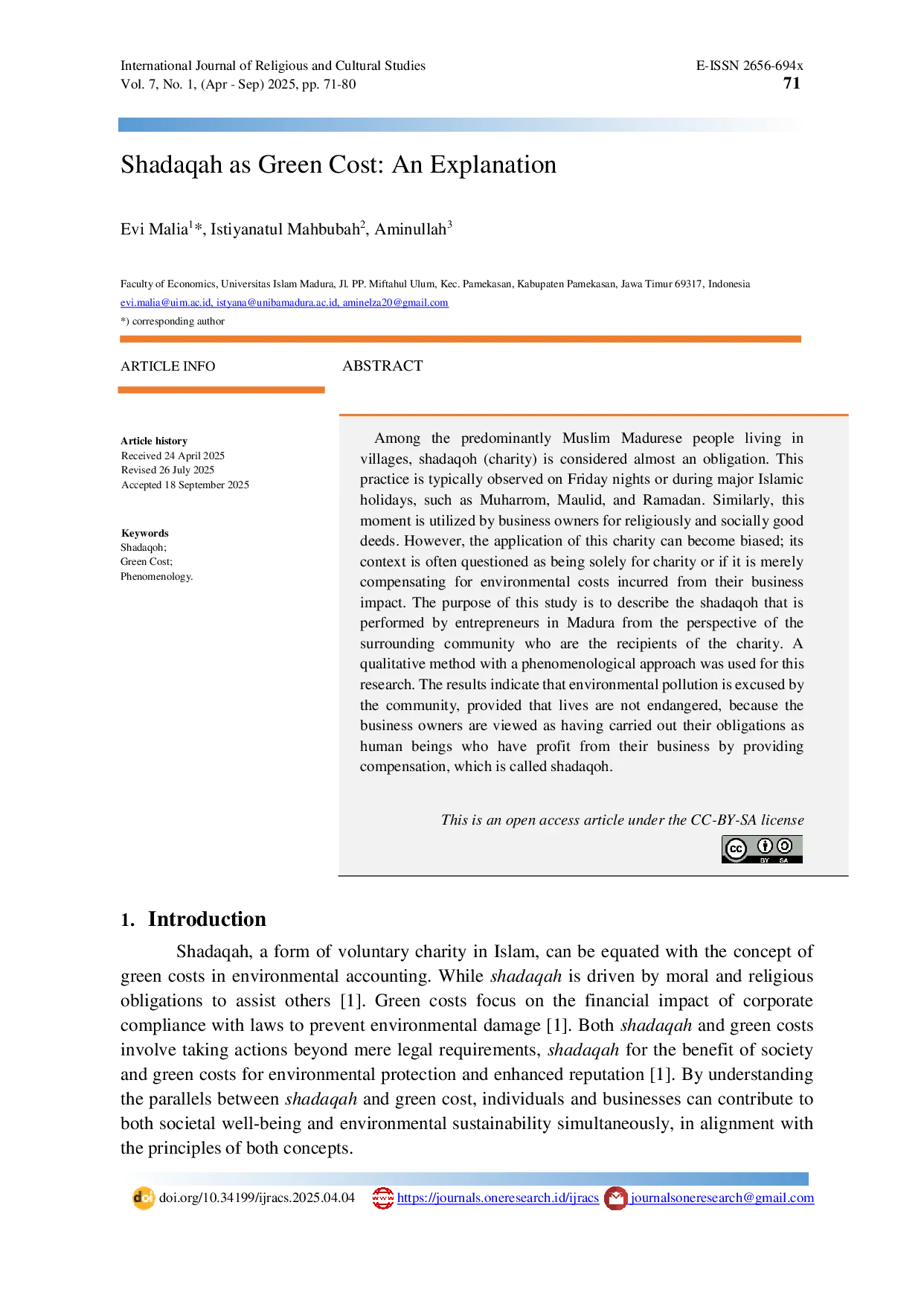 JURIS Shadaqah as Green Cost An Explanation