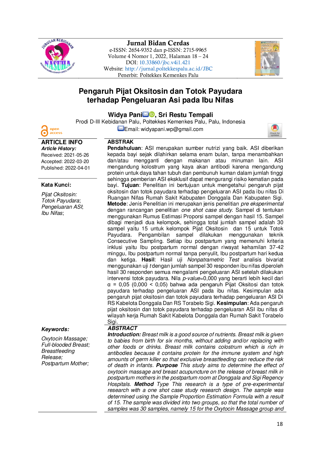 JURIS Pengaruh Pijat Oksitosin dan Totok Payudara terhadap Pengeluaran Asi pada Ibu Nifas The Effects of Oxytocin Massage and Breast Acupressure on the Expenditure of Breast Milk among Postpartum