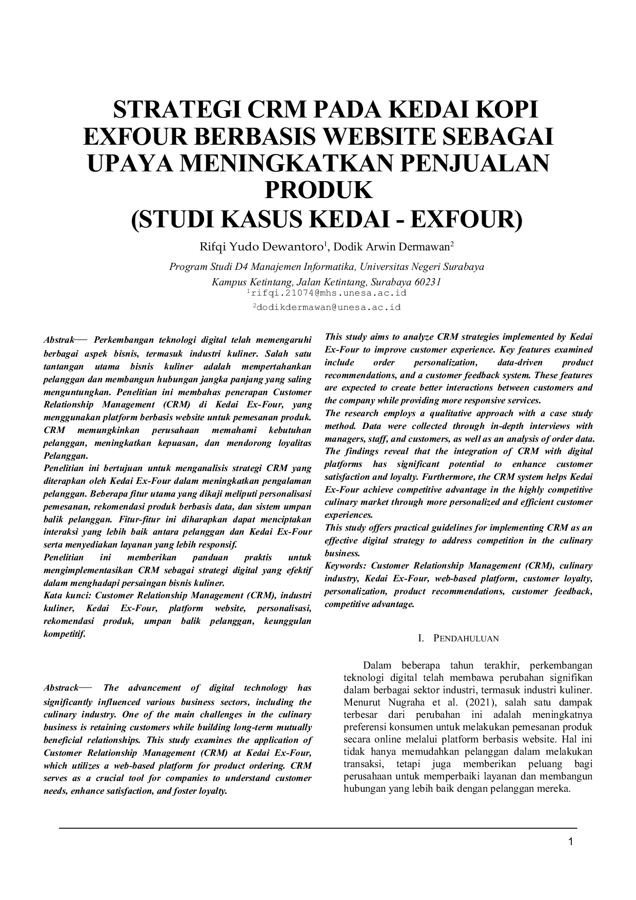 JURIS Strategi CRM Pada Kedai Kopi Exfour Berbasis Website Sebagai Upaya Meningkatkan Penjualan Produk