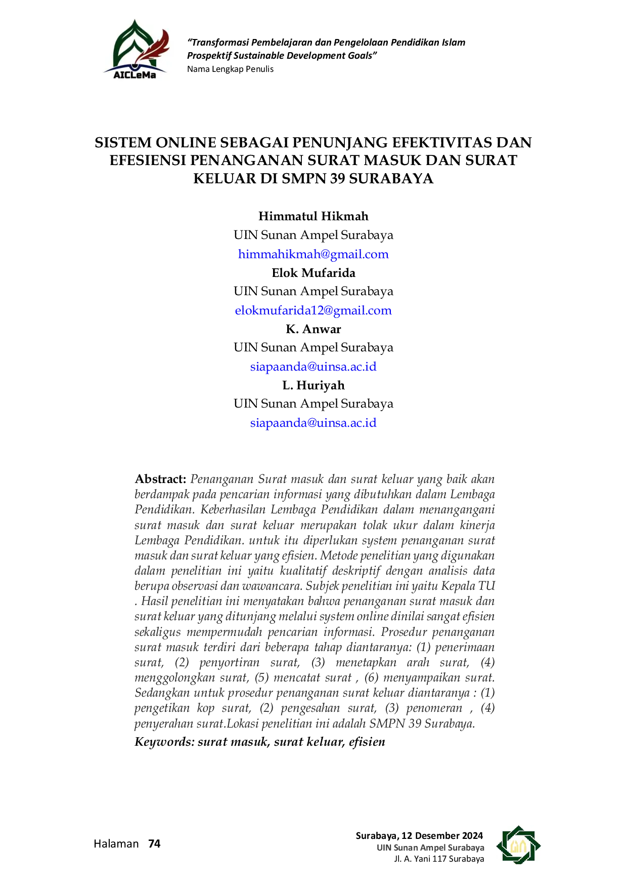 JURIS Sistem Online Sebagai Penunjang Efektivitas dan Efesiensi Penanganan Surat Masuk dan Surat Keluar Di Smpn 39 Surabaya