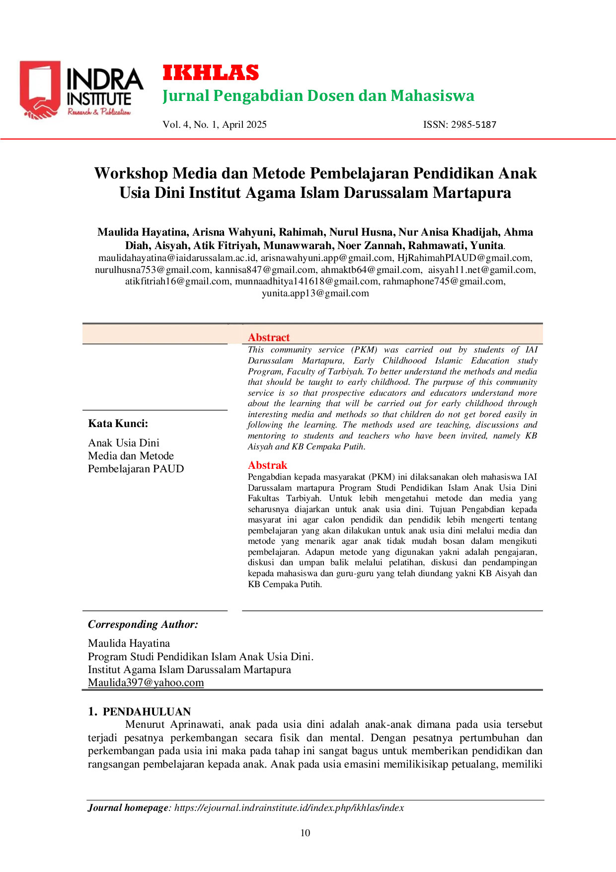 JURIS Workshop Media dan Metode Pembelajaran Pendidikan Anak Usia Dini Institut Agama Islam Darussalam Martapura