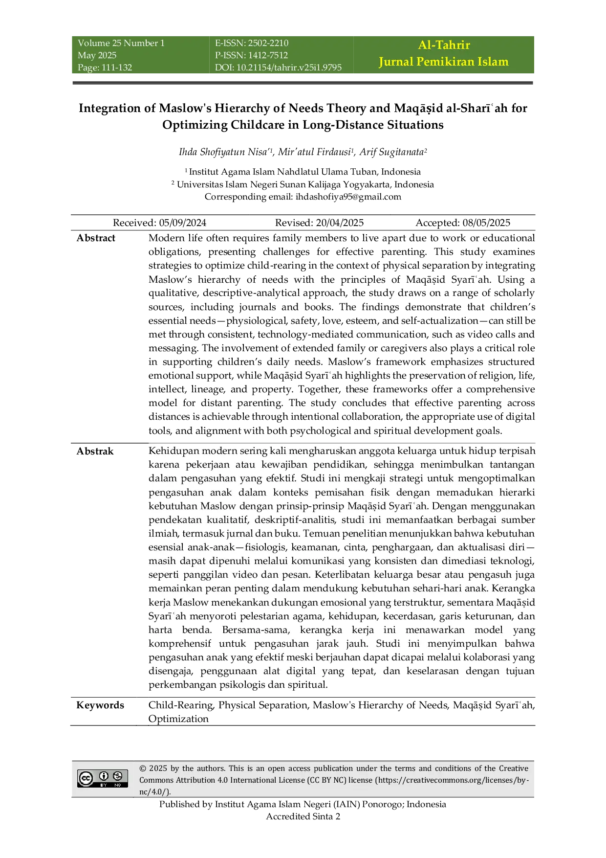 JURIS Integration of Maslow s Hierarchy of Needs Theory and MaqAid al Sharah for Optimizing Childcare in Long Distance Situations