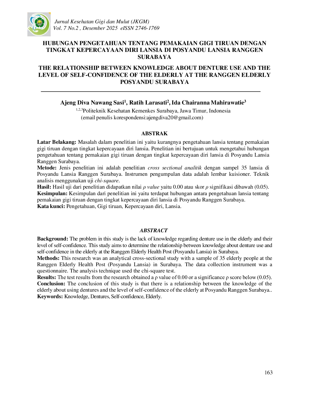 JURIS Hubungan Pengetahuan Tentang Pemakaian Gigi Tiruan dengan Tingkat Kepercayaan Diri Lansia di Posyandu Lansia Ranggen Surabaya