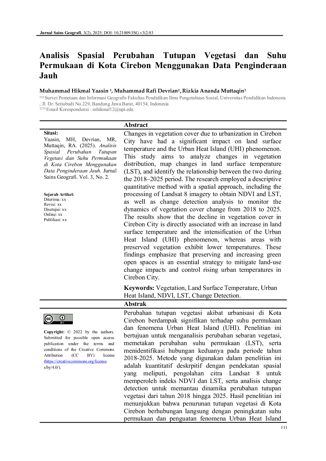 JURIS DOI Analisis Spasial Perubahan Tutupan Vegetasi dan Suhu Permukaan di Kota Cirebon Menggunakan Data Penginderaan Jauh